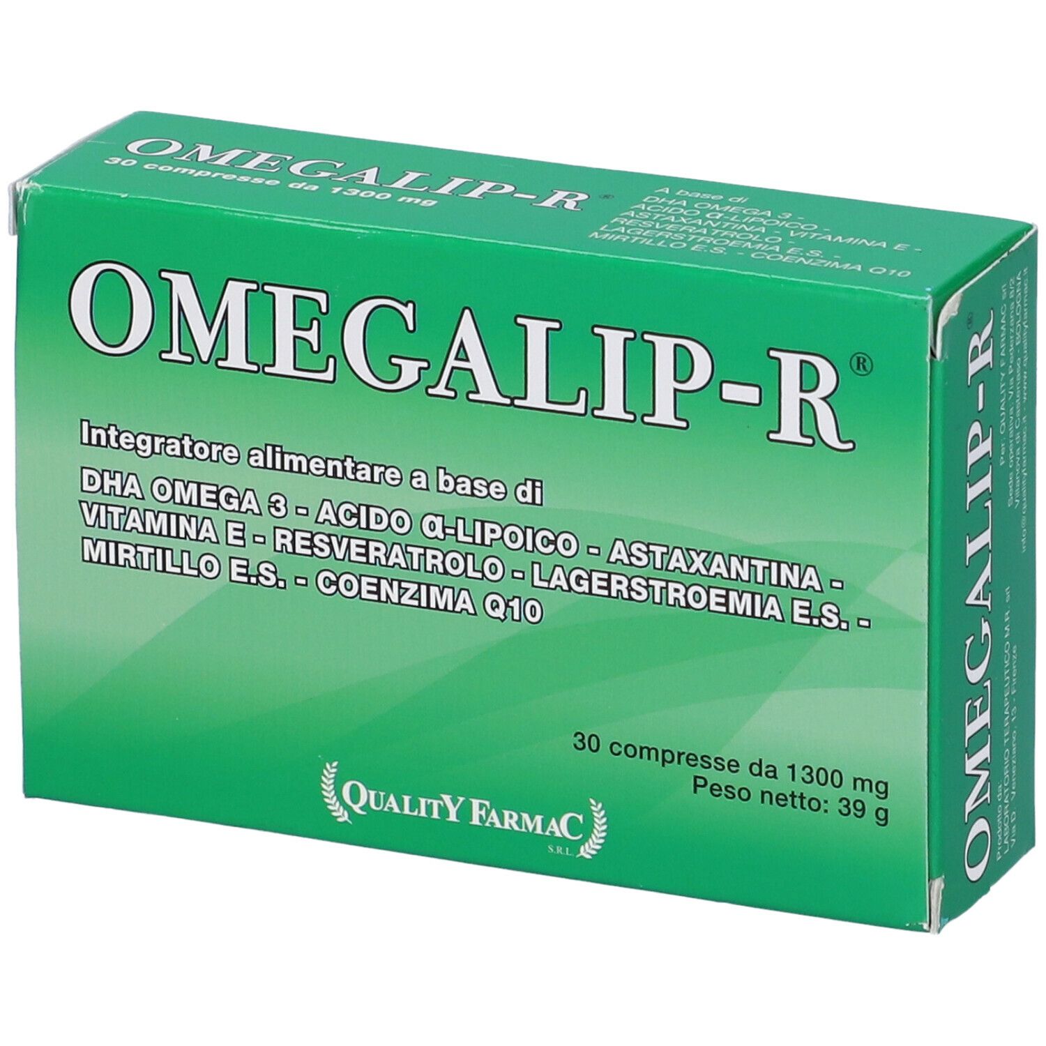 Scatola verde con testo bianco. OMEGALIP-R, 30 compresse, 1300 mg. Marchio di qualità. Ingredienti e informazioni nutrizionali.