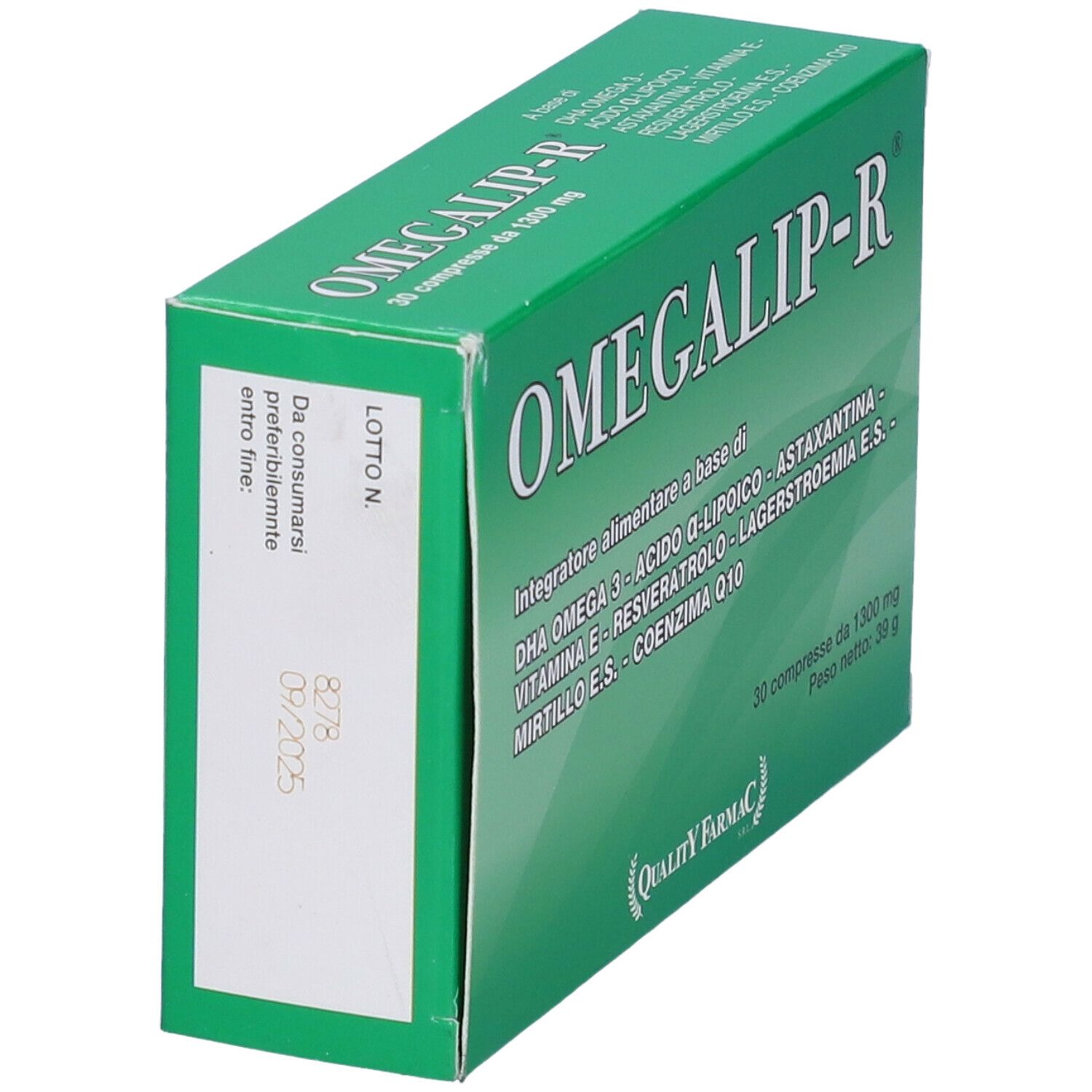 Scatola verde con testo bianco. OMEGALIP-R, 30 compresse, 1300 mg. Data di scadenza. Ingredienti e informazioni nutrizionali.