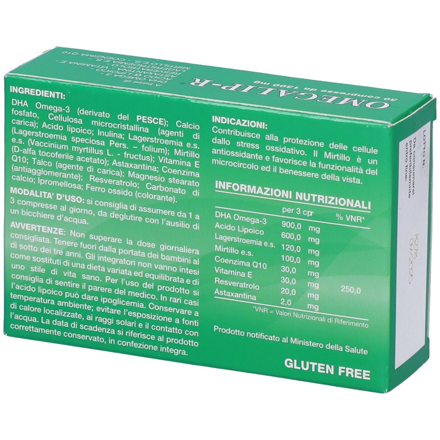 Scatola verde con testo. OMEGALIP-R, ingredienti, informazioni nutrizionali, indicazioni. Logo senza glutine.