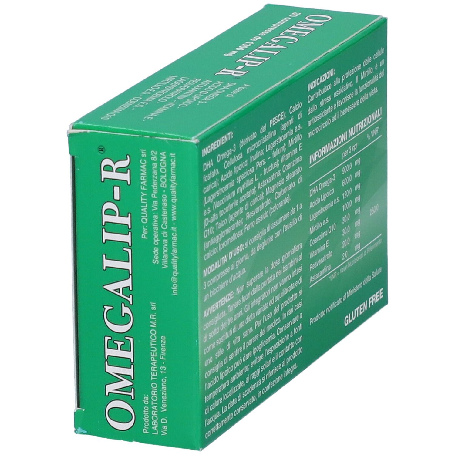 Scatola verde con testo. OMEGALIP-R, ingredienti, informazioni nutrizionali, indicazioni. Logo senza glutine.