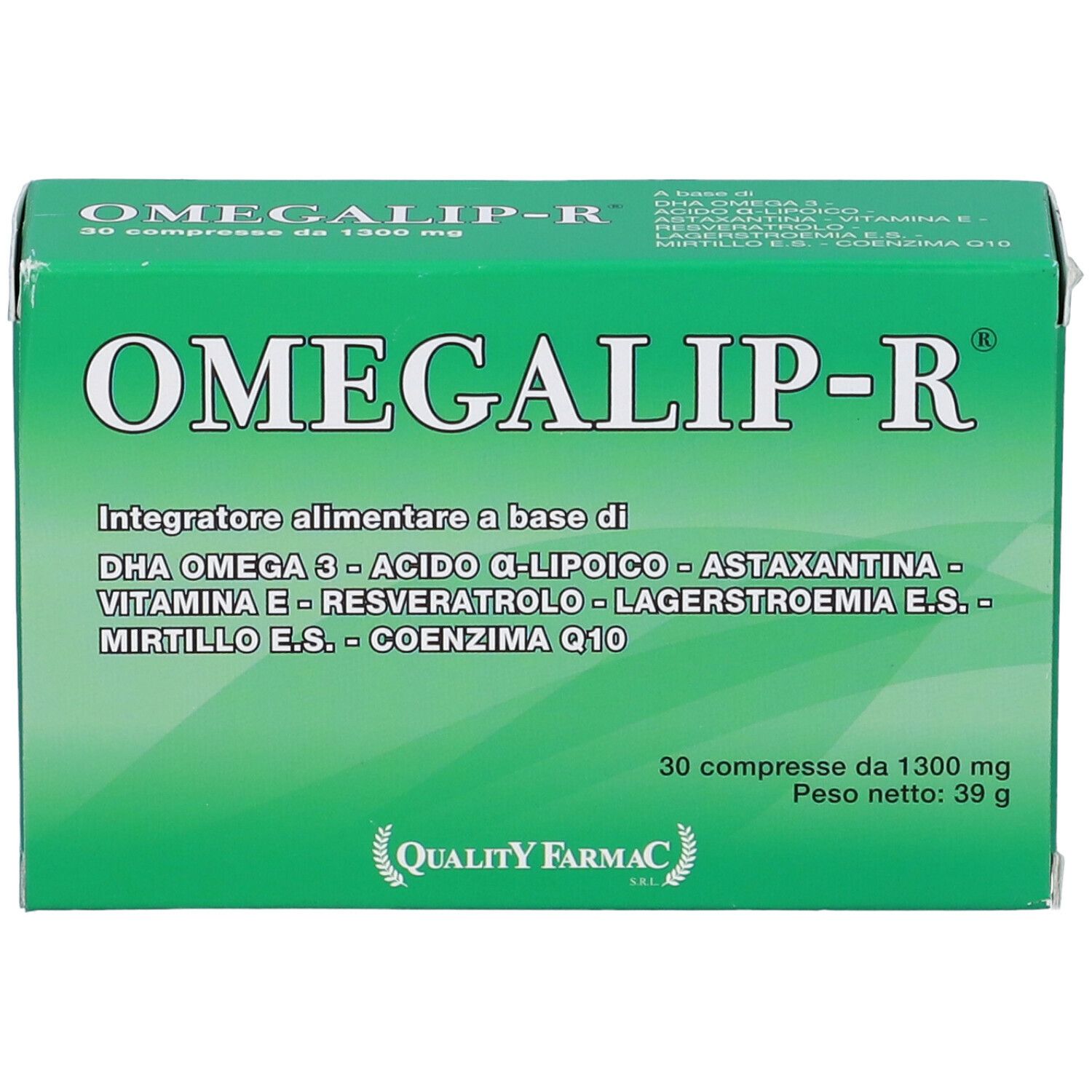 Scatola verde con testo bianco. OMEGALIP-R, 30 compresse, 1300 mg. Marchio di qualità. Ingredienti e informazioni nutrizionali.