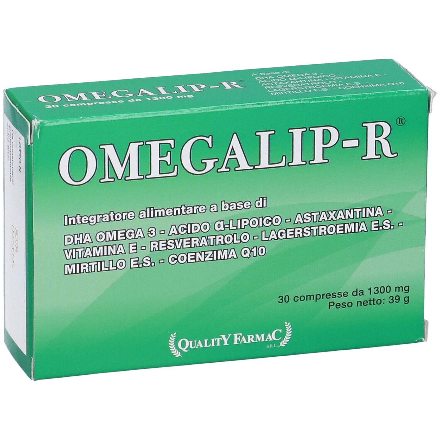 Scatola verde con testo bianco. OMEGALIP-R, 30 compresse, 1300 mg. Marchio di qualità. Ingredienti e informazioni nutrizionali.