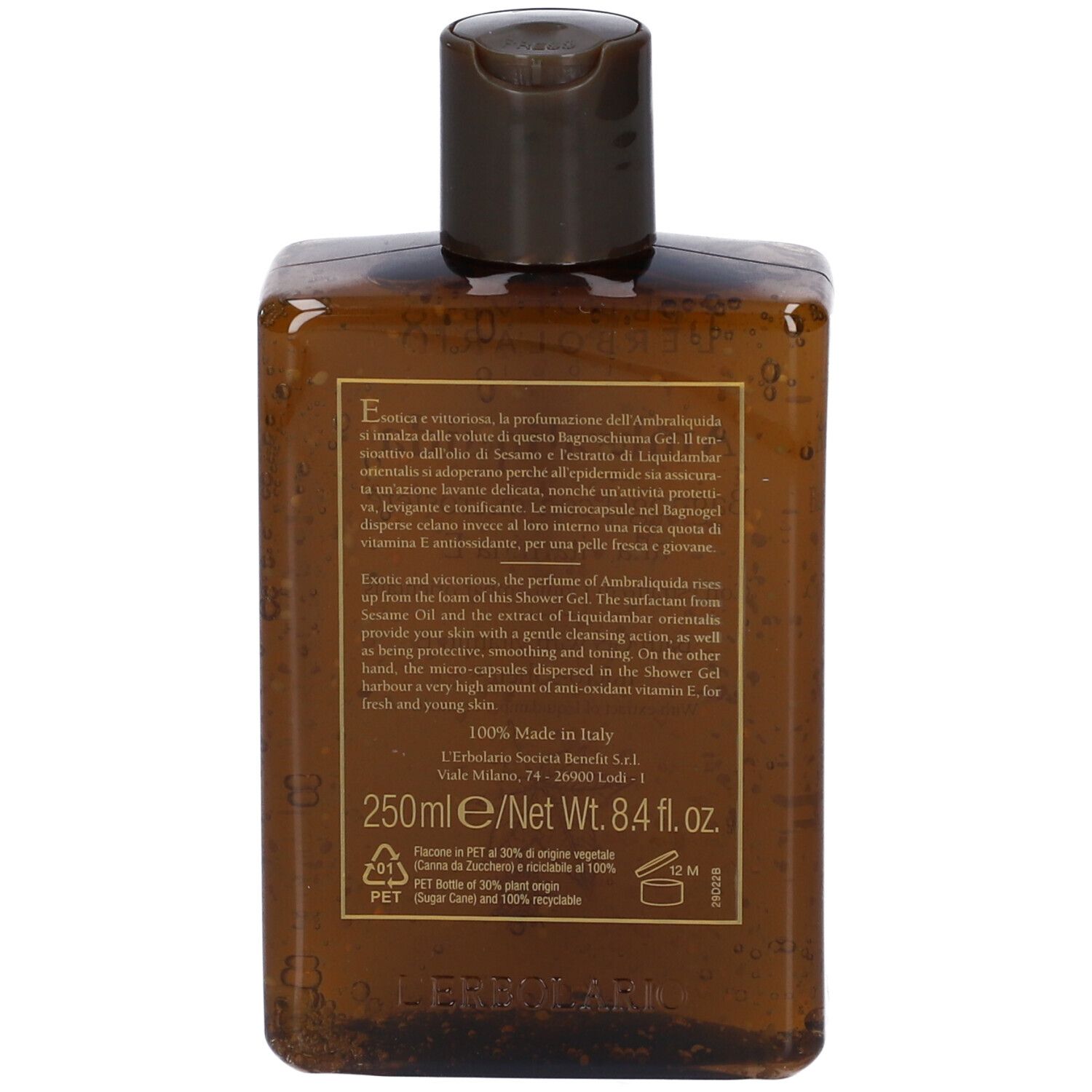 Retro del flacone L'Erbolario Ambraliquida Bagnogel con ingredienti e volume.