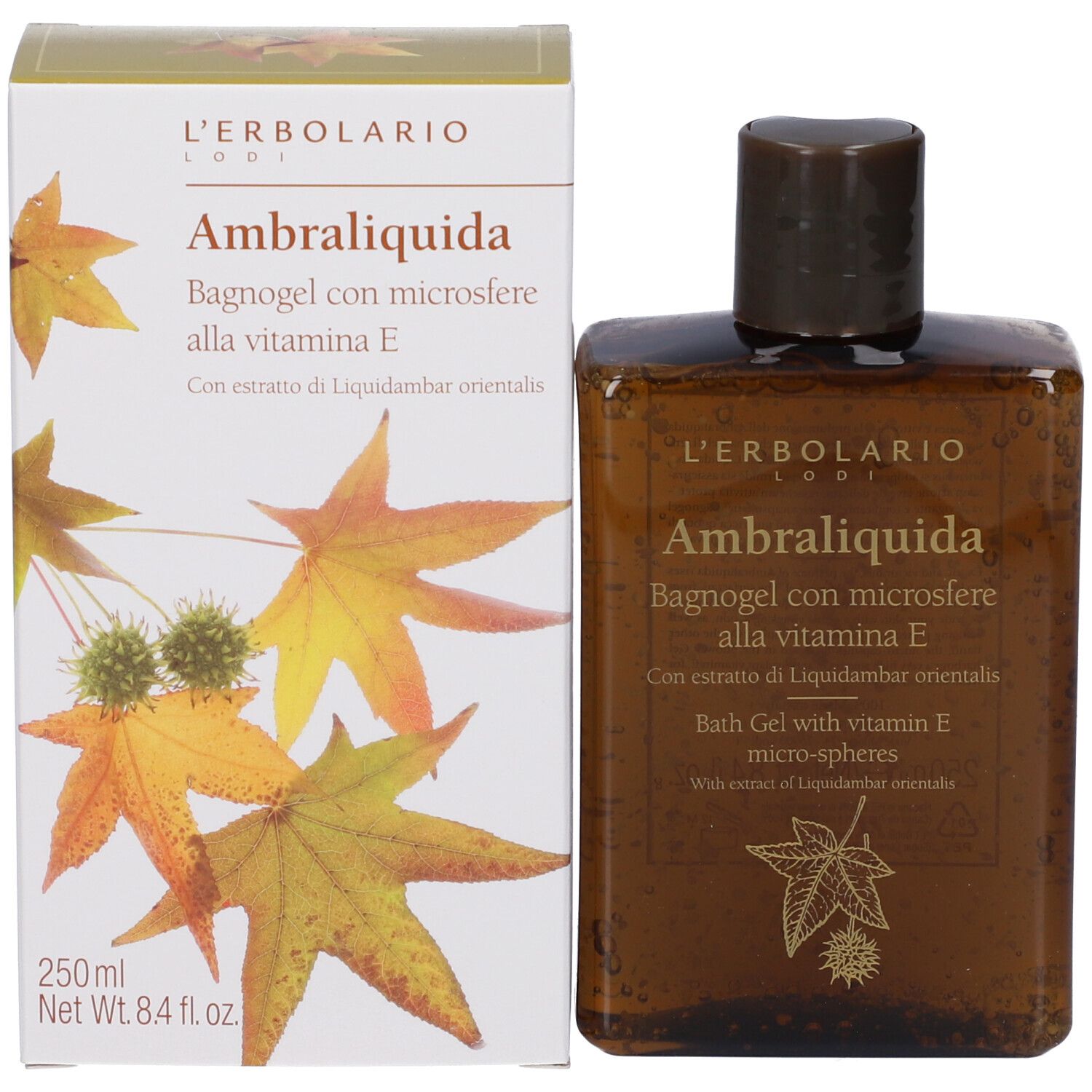 Flacone e confezione L'Erbolario Ambraliquida Bagnogel con motivo di foglie autunnali.