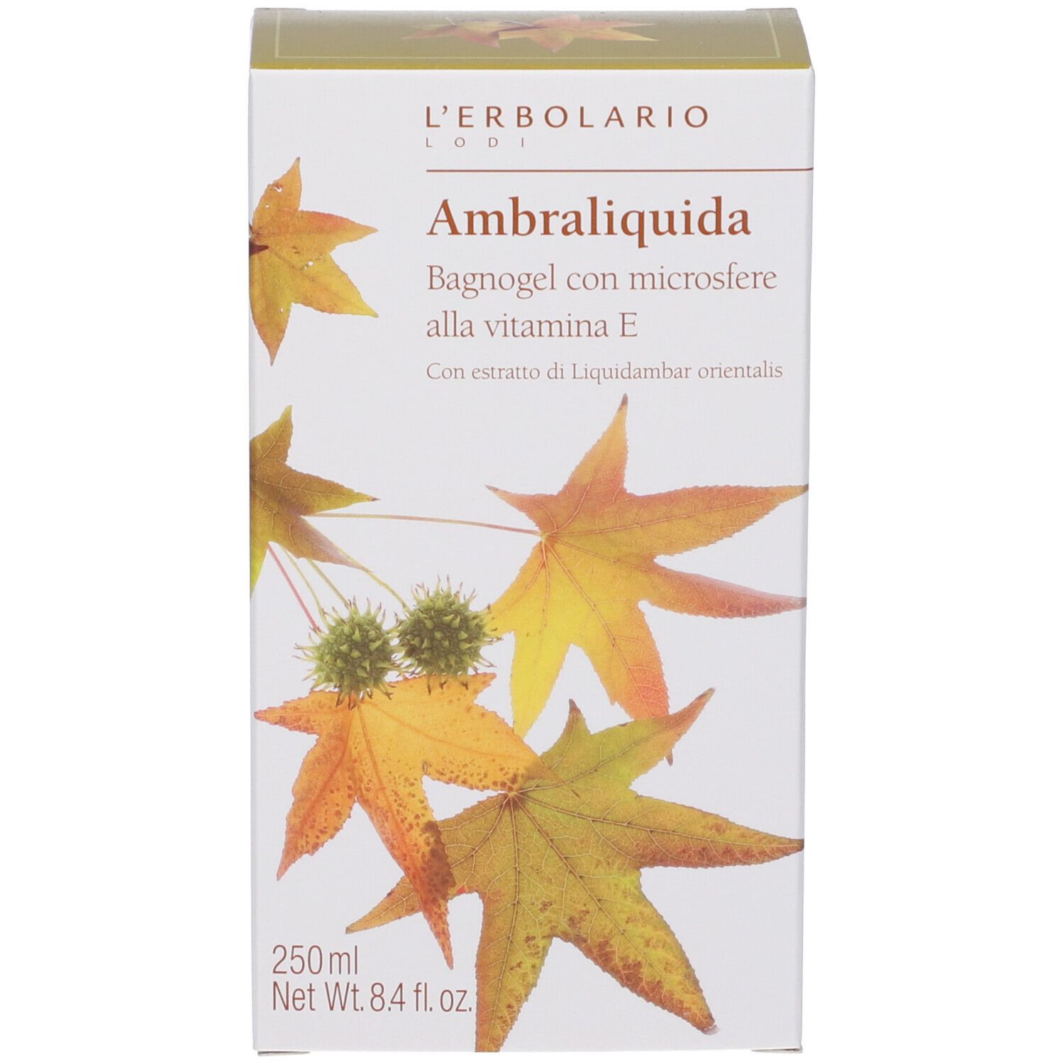 Confezione del L'Erbolario Ambraliquida Bagnogel con design di foglie autunnali.