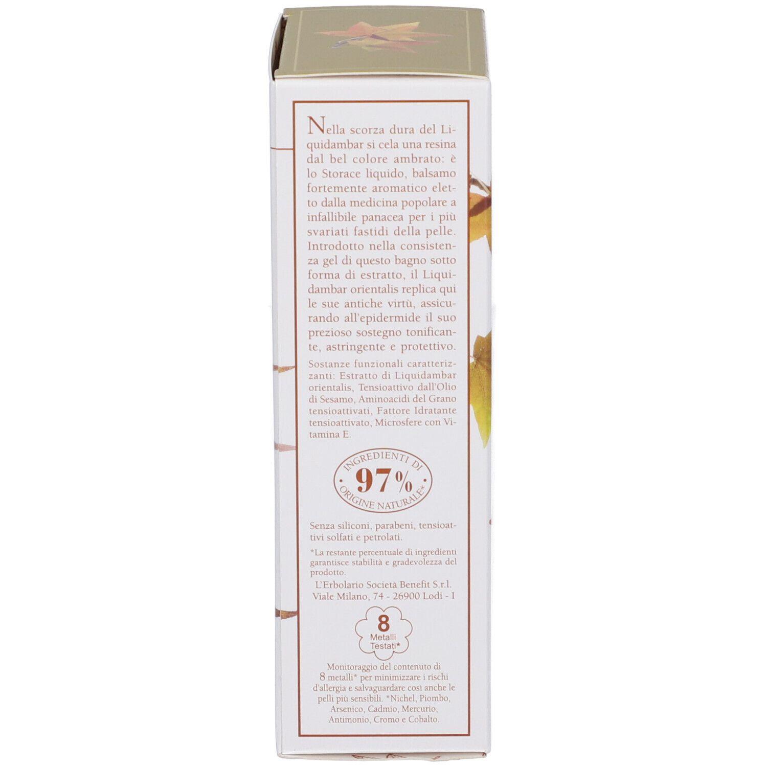 Vista laterale della confezione L'Erbolario Ambraliquida Bagnogel con indicazione ingredienti.