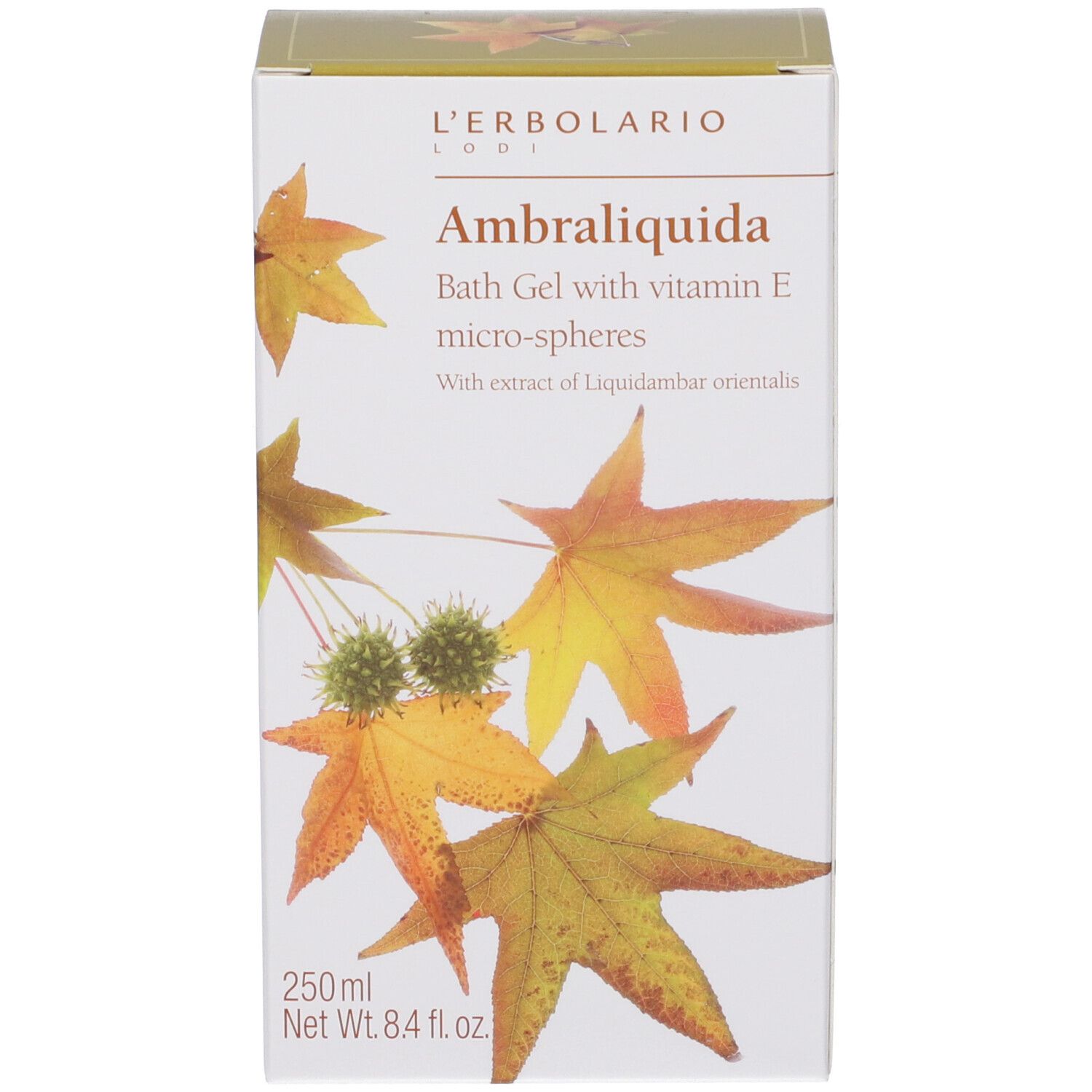 Vista laterale della confezione L'Erbolario Ambraliquida Bagnogel con dettagli ingredienti.