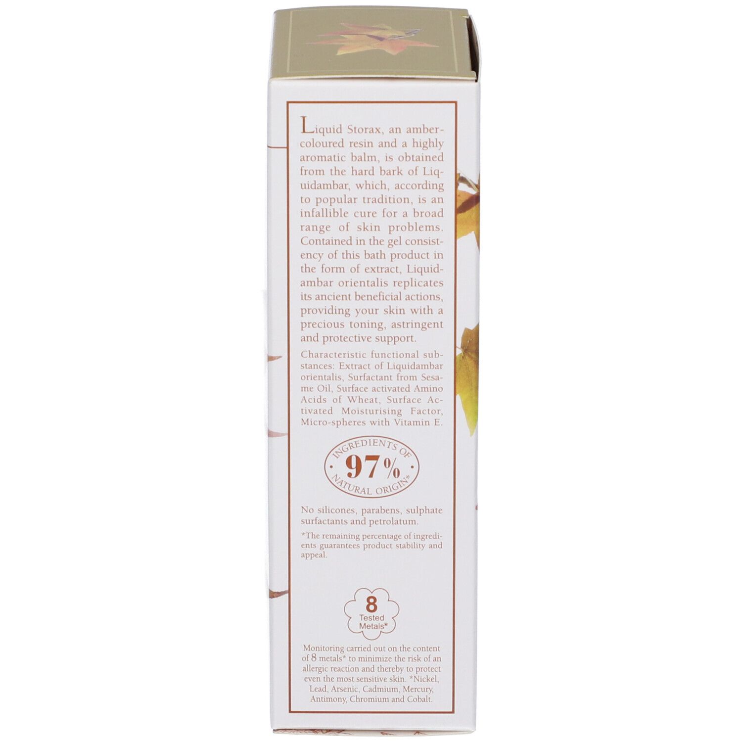 Confezione L'Erbolario Ambraliquida Bagnogel con motivo di foglie autunnali e volume.