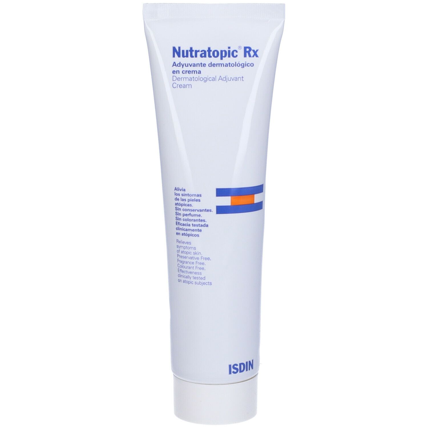 Tubo bianco. Scritta: Nutratopic Rx, coadiuvante dermatologico. Strisce blu e arancioni. Logo ISDIN.