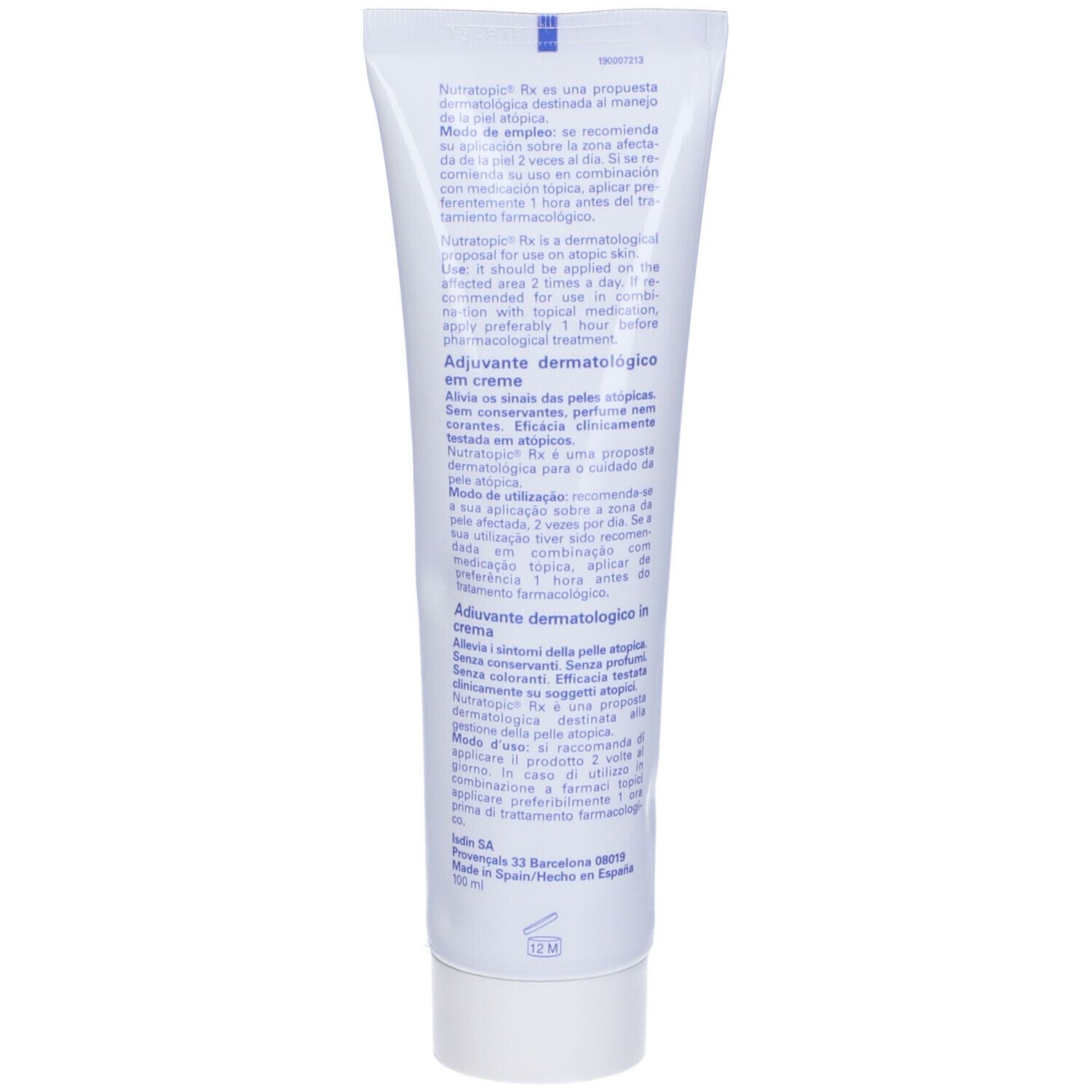 Retro del tubo. Testo multilingue. Logo ISDIN. Tubo bianco con striscia blu.