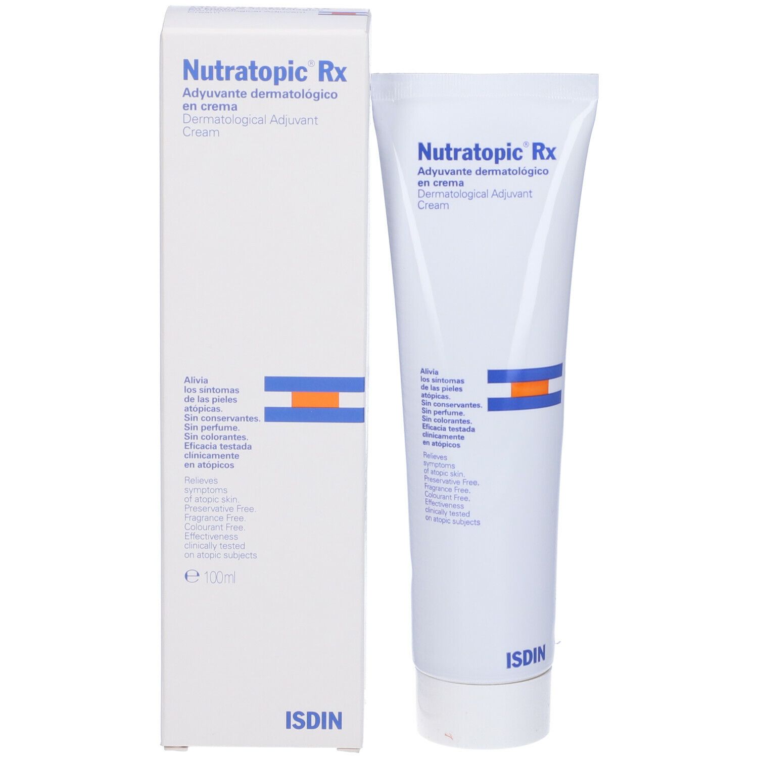 Tubo e scatola di crema. Scritta: Nutratopic Rx, coadiuvante dermatologico. Logo ISDIN. Bianco.