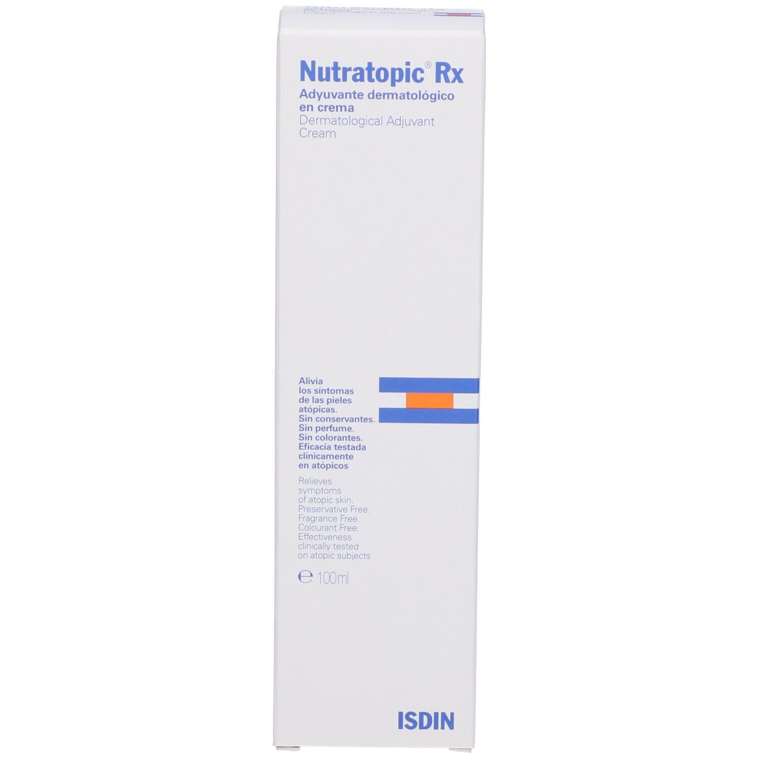 Scatola. Scritta: Nutratopic Rx, coadiuvante dermatologico. Logo ISDIN. Bianco.