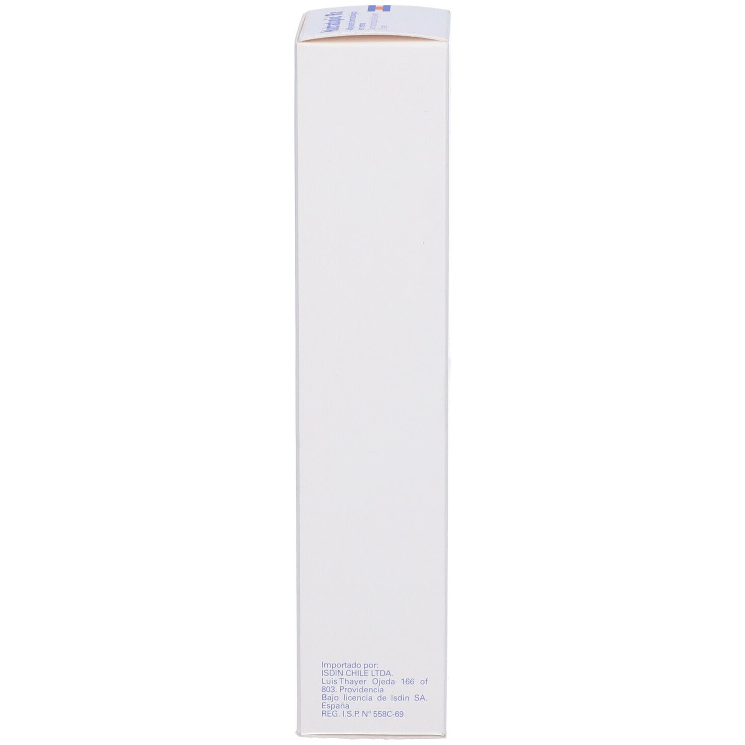Scatola, vista laterale. Testo e logo. Bianco. Logo ISDIN. Importato da ISDIN Chile Ltda.