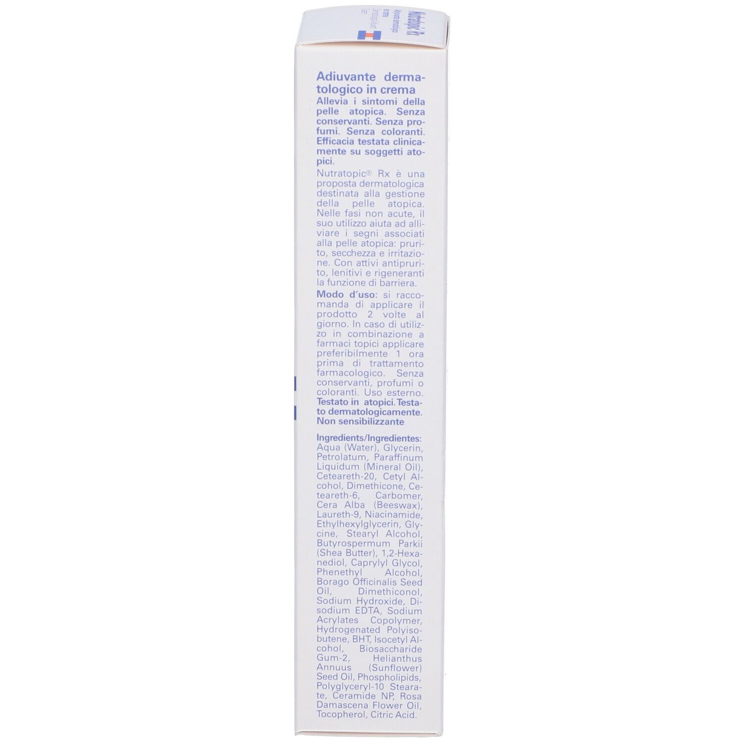 Lato della scatola. Testo multilingue. Logo ISDIN. Bianco. Ingredienti.