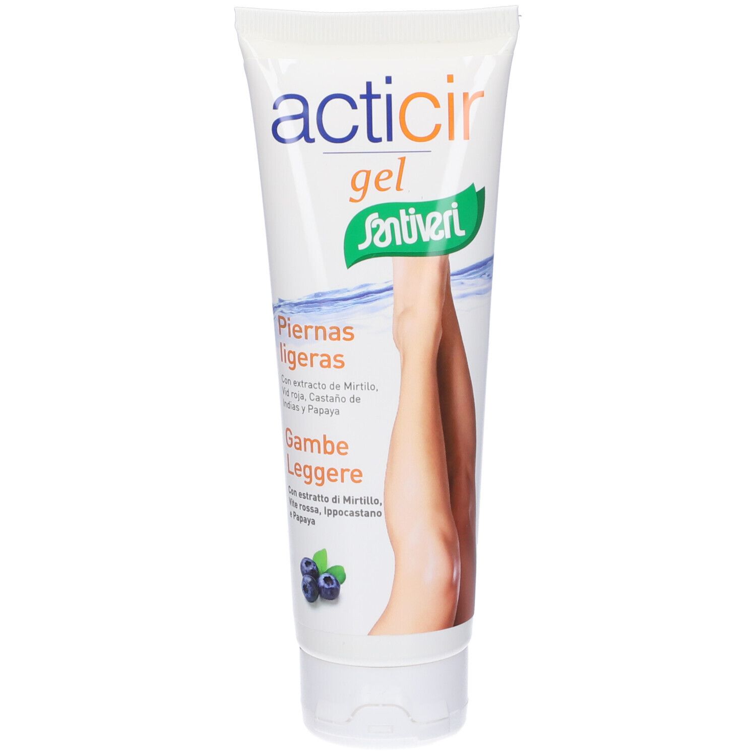 Tubo bianco con Acticir gel. Scritta: gambe leggere. Illustrazione di gambe.
