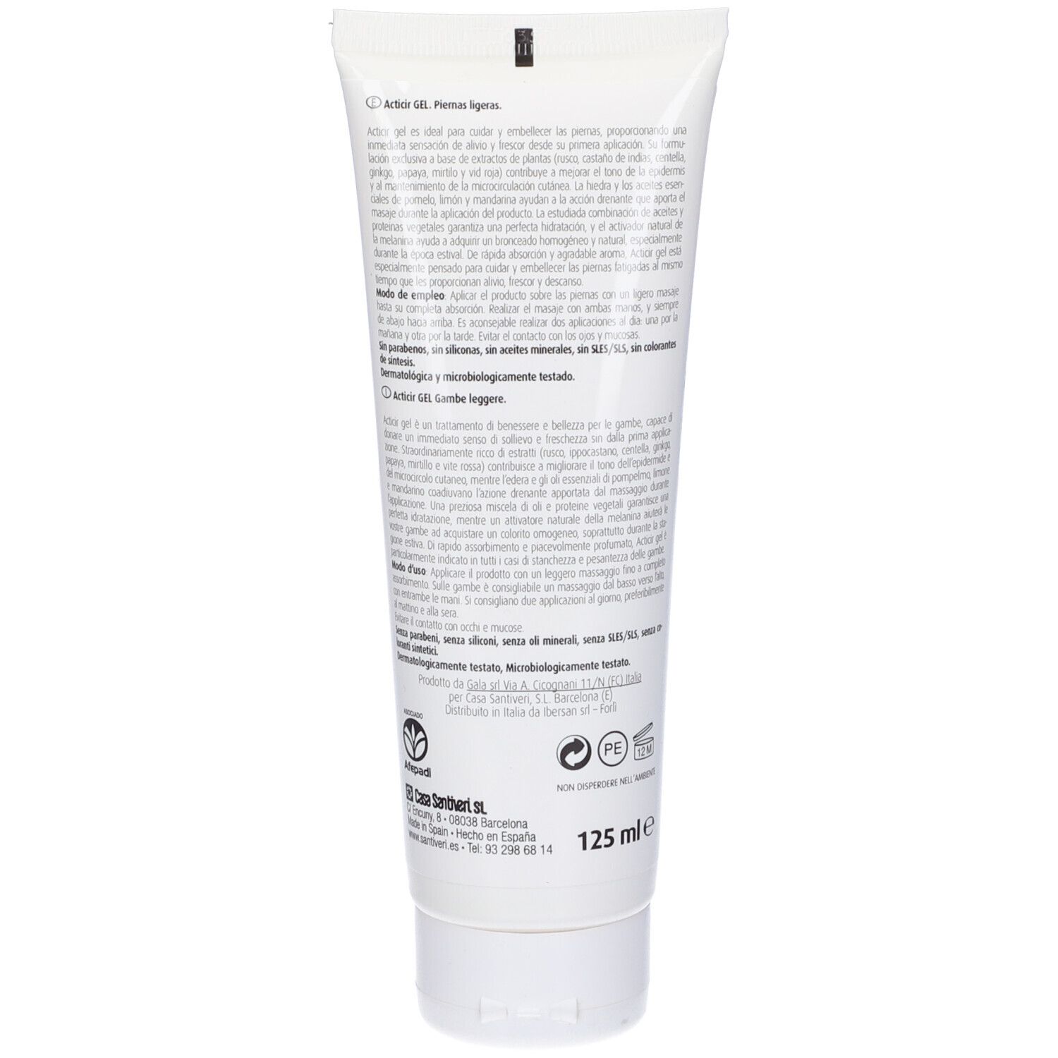 Retro del tubo. Testo: Acticir Gel, 125 ml. Ingredienti, istruzioni per l'uso.