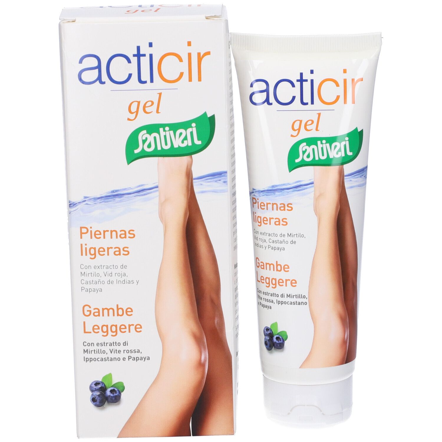 Confezione del prodotto con tubo. Scritta: Acticir Gel. Illustrazione di gambe.