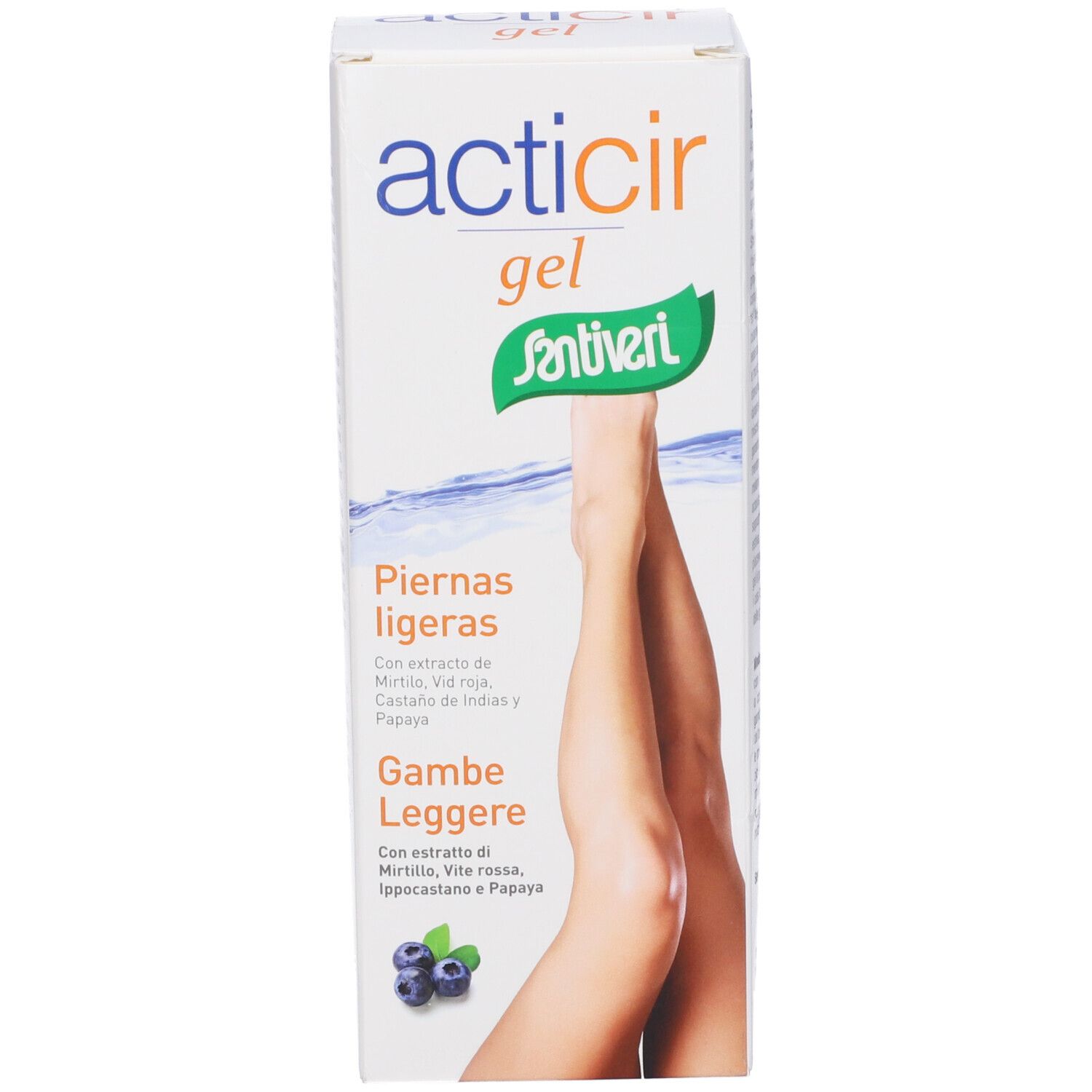 Confezione del prodotto. Scritta: Acticir Gel. Illustrazione di gambe. Testo multilingue.