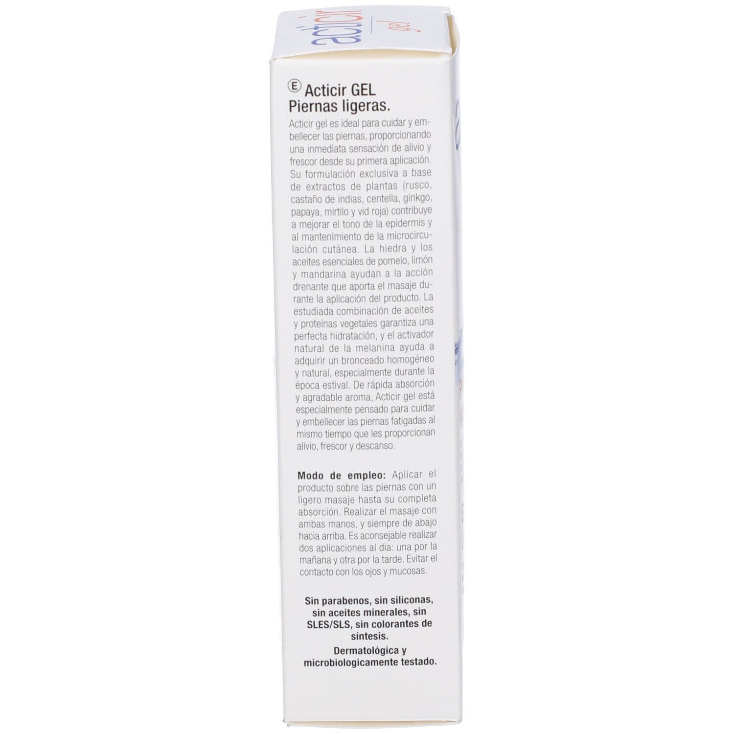 Confezione del prodotto, lato. Testo: Acticir Gel, istruzioni per l'uso, ingredienti.