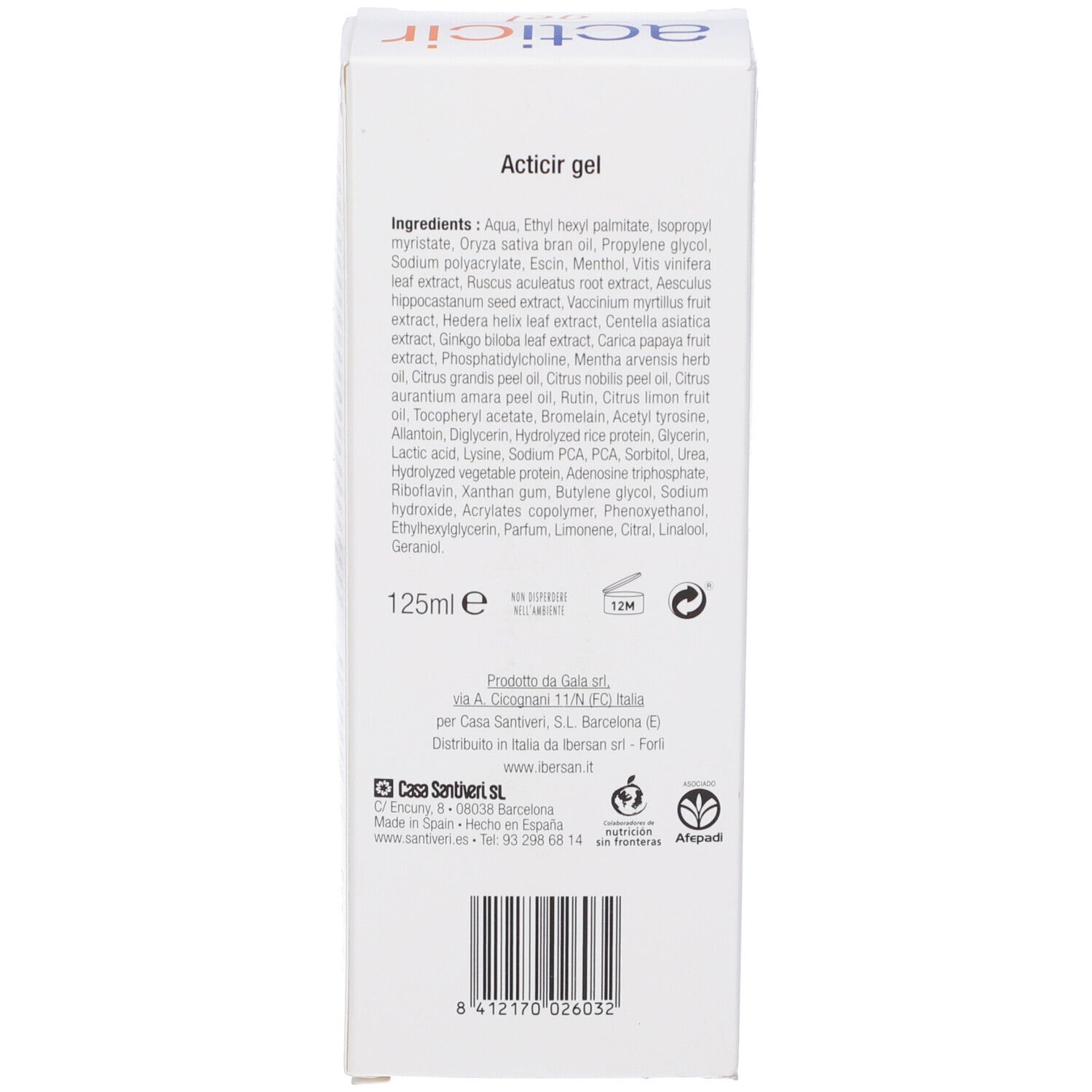 Confezione del prodotto, lato. Testo: Acticir Gel, ingredienti, 125 ml.
