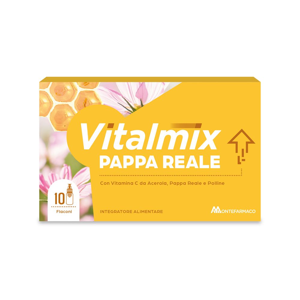 Scatola gialla Vitalmix Pappa Reale. Nome e logo del prodotto. Simbolo 10 flaconi. Sfondo floreale.
