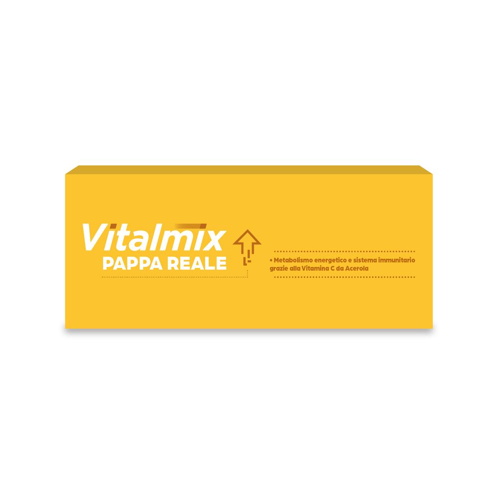 Scatola gialla Vitalmix Pappa Reale. Nome e logo del prodotto. Testo: energia, sistema immunitario, vitamina C.