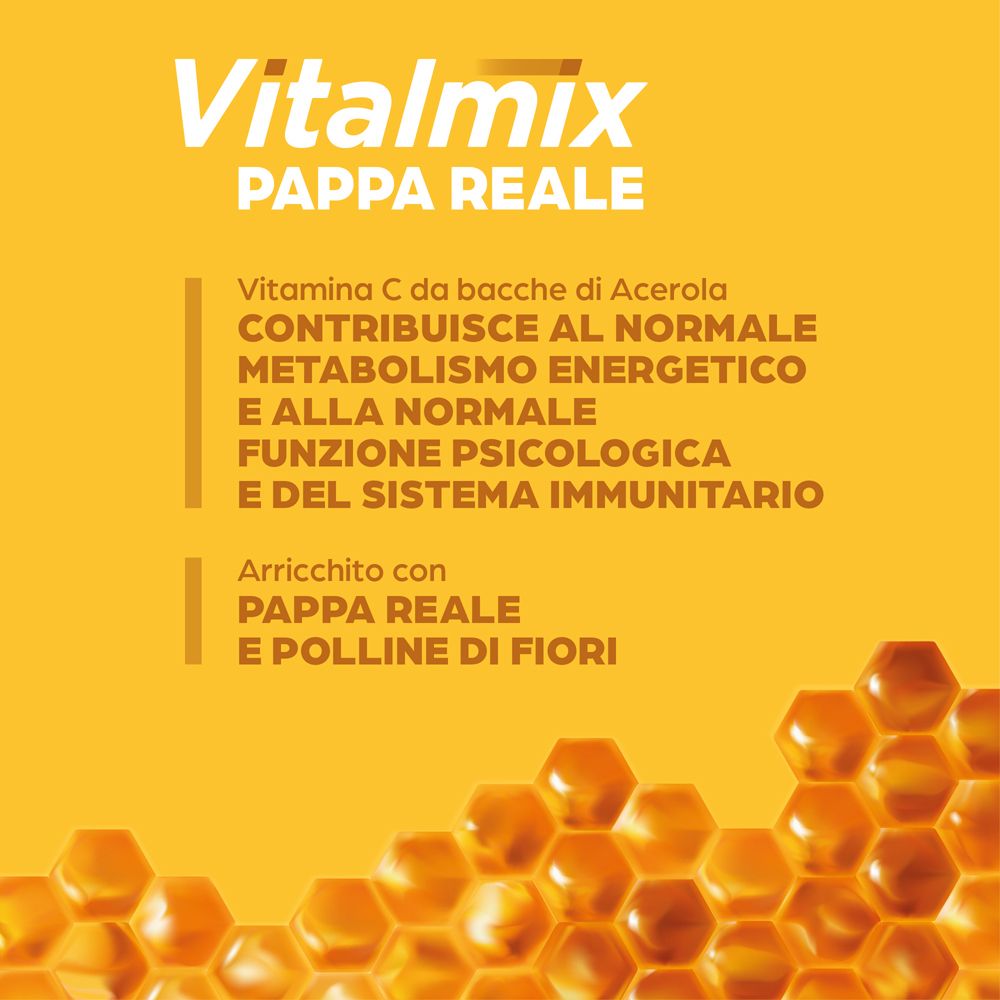 Primo piano della scatola Vitalmix Pappa Reale. Testo: vitamina C, energia, sistema immunitario. Con pappa reale e polline.