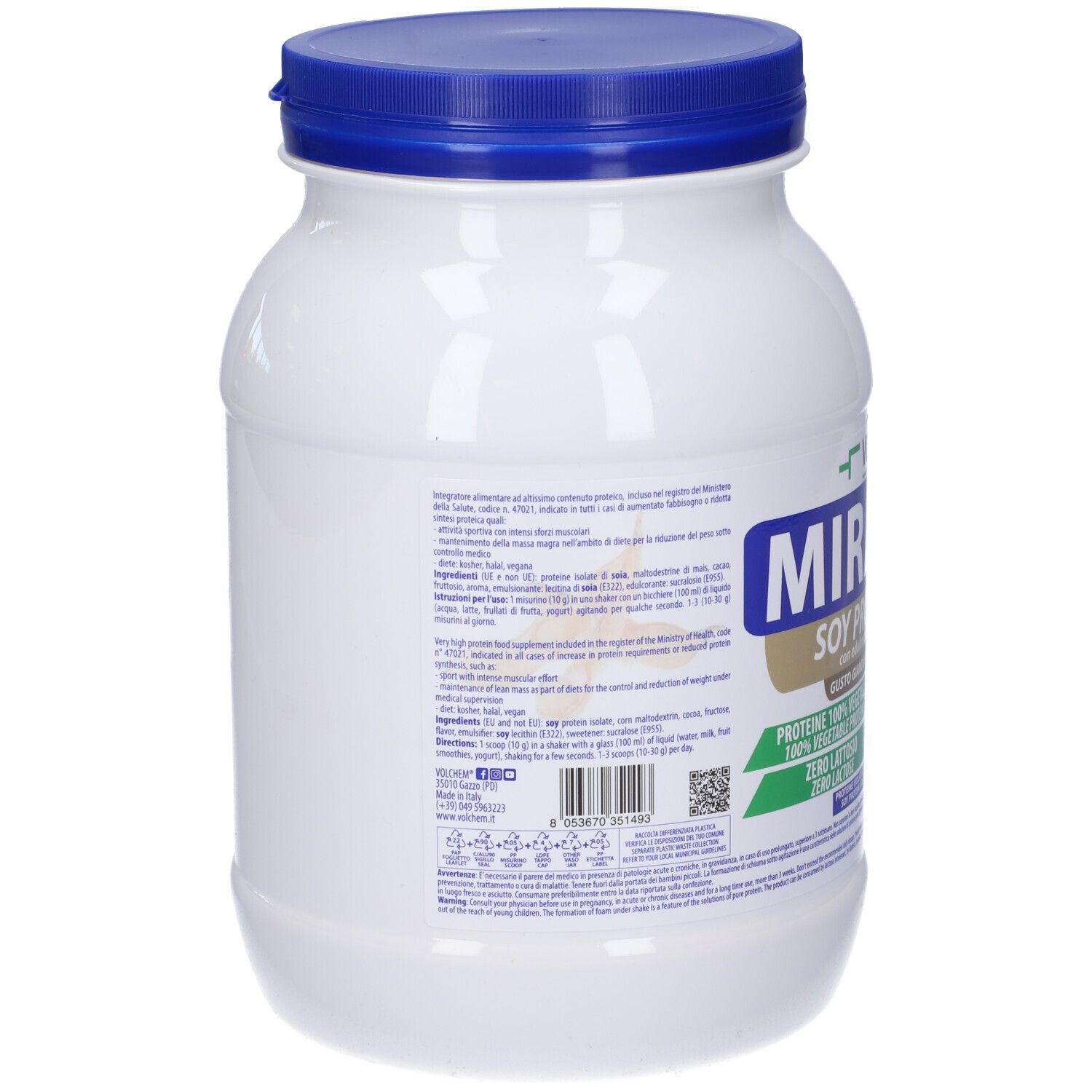 Retro del barattolo di polvere proteica bianca con coperchio blu. Contiene informazioni sugli ingredienti e il valore nutrizionale. Con codice QR.