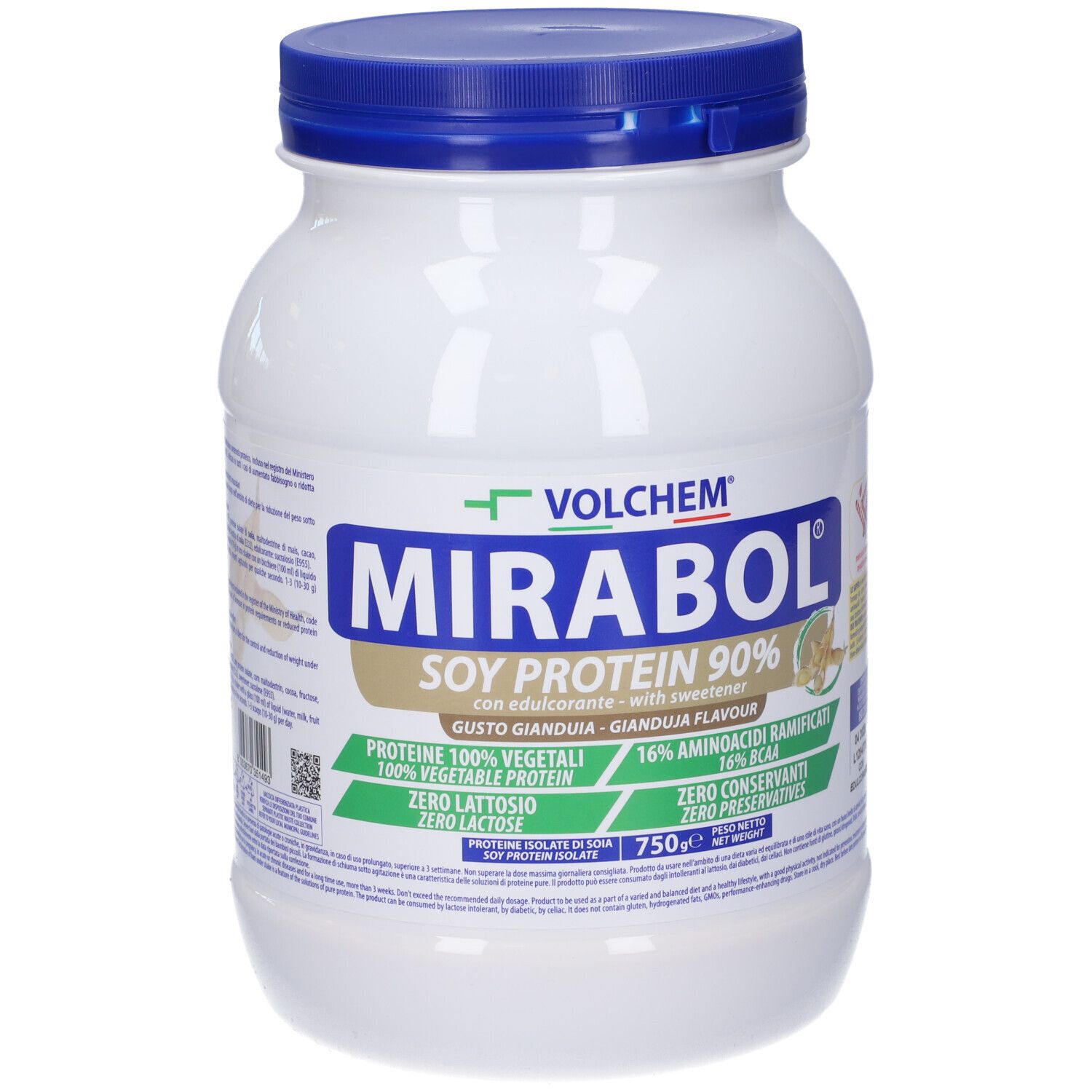 Barattolo di polvere proteica bianca con coperchio blu. Scritta: MIRABOL SOY PROTEIN 90%. Contiene 750g. Con 16% BCAA, 100% proteine vegetali.