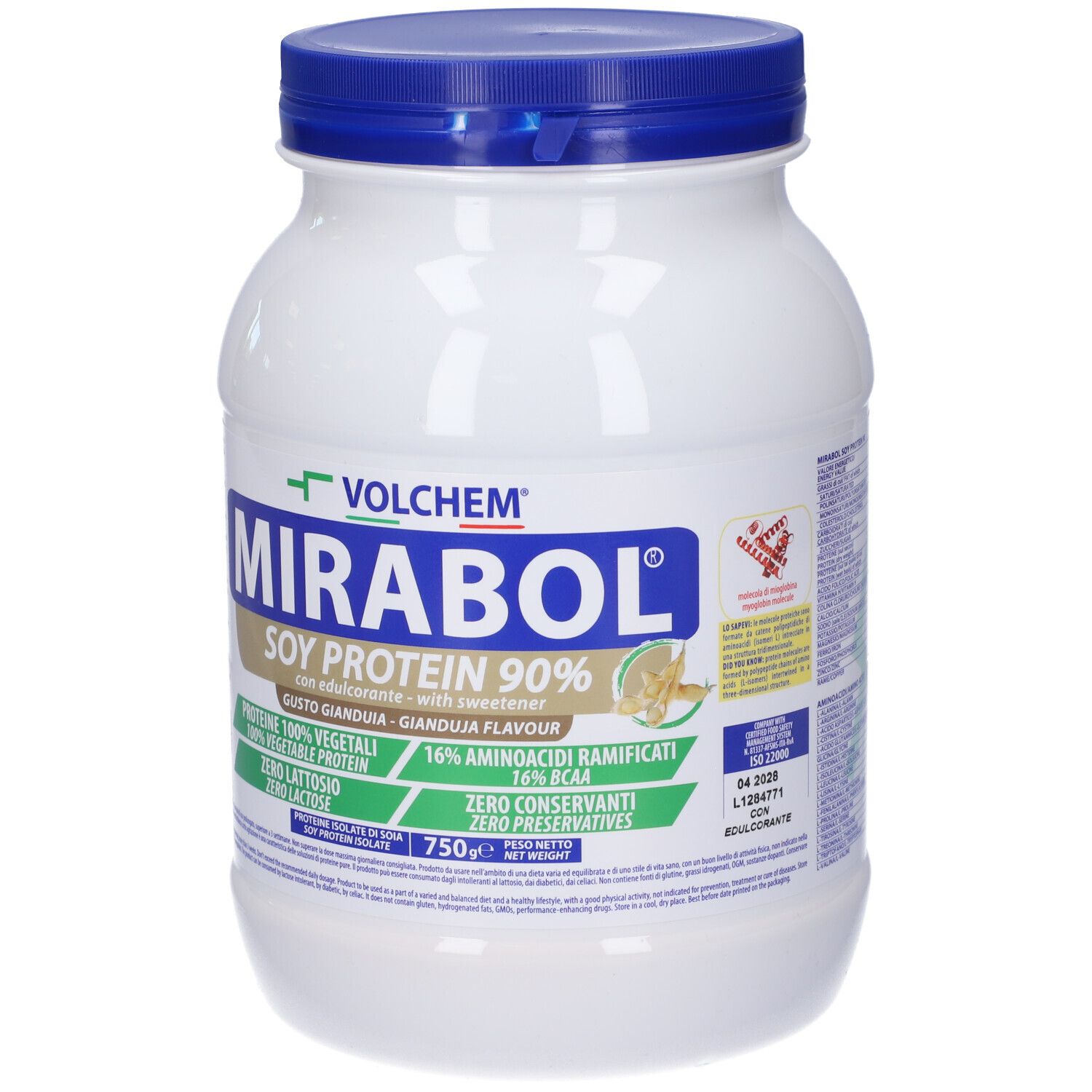 Barattolo di polvere proteica bianca con coperchio blu. Scritta: MIRABOL SOY PROTEIN 90%. Contiene 750g. Con 16% BCAA, 100% proteine vegetali. Con certificazione.