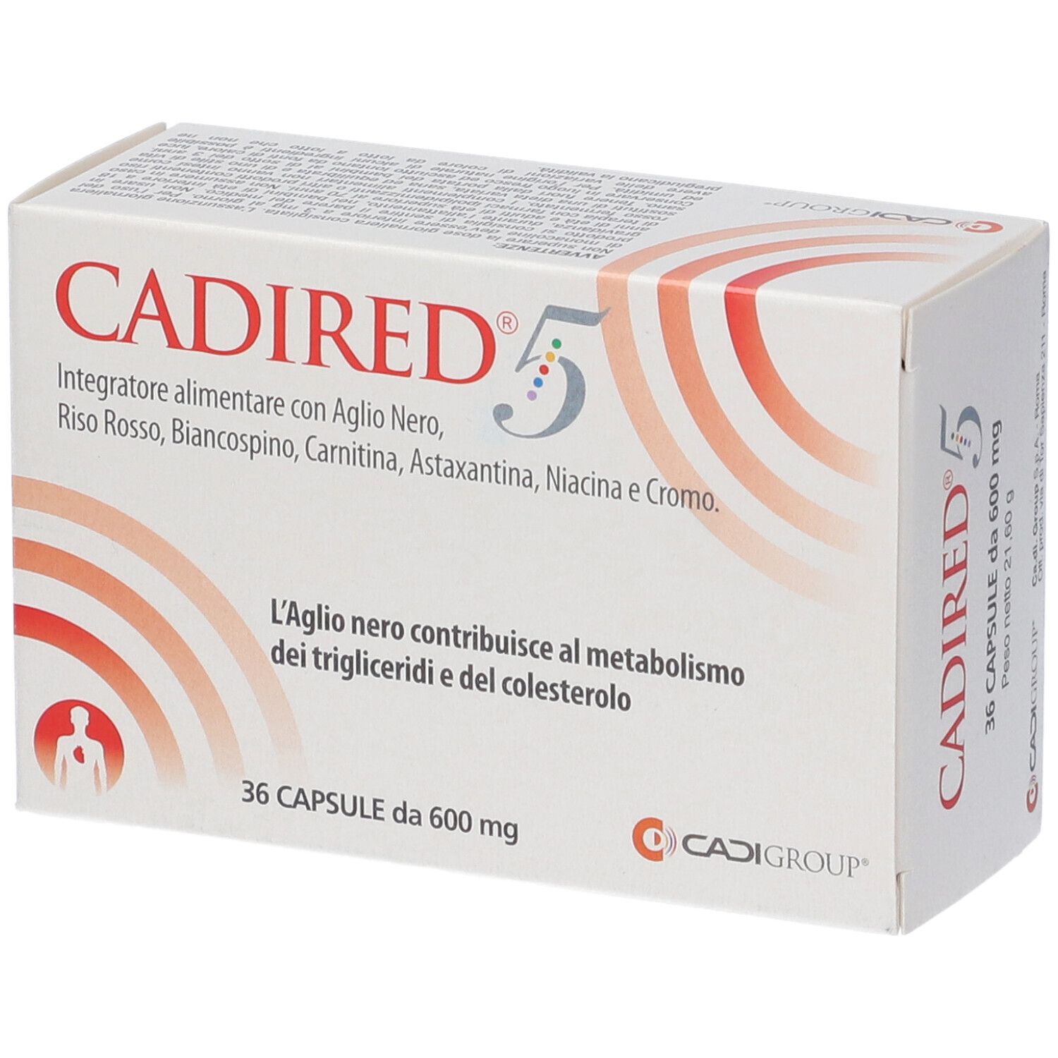 Scatola bianca CADIRED® 5 con testo rosso. 36 capsule. Testo italiano. Contiene aglio nero.