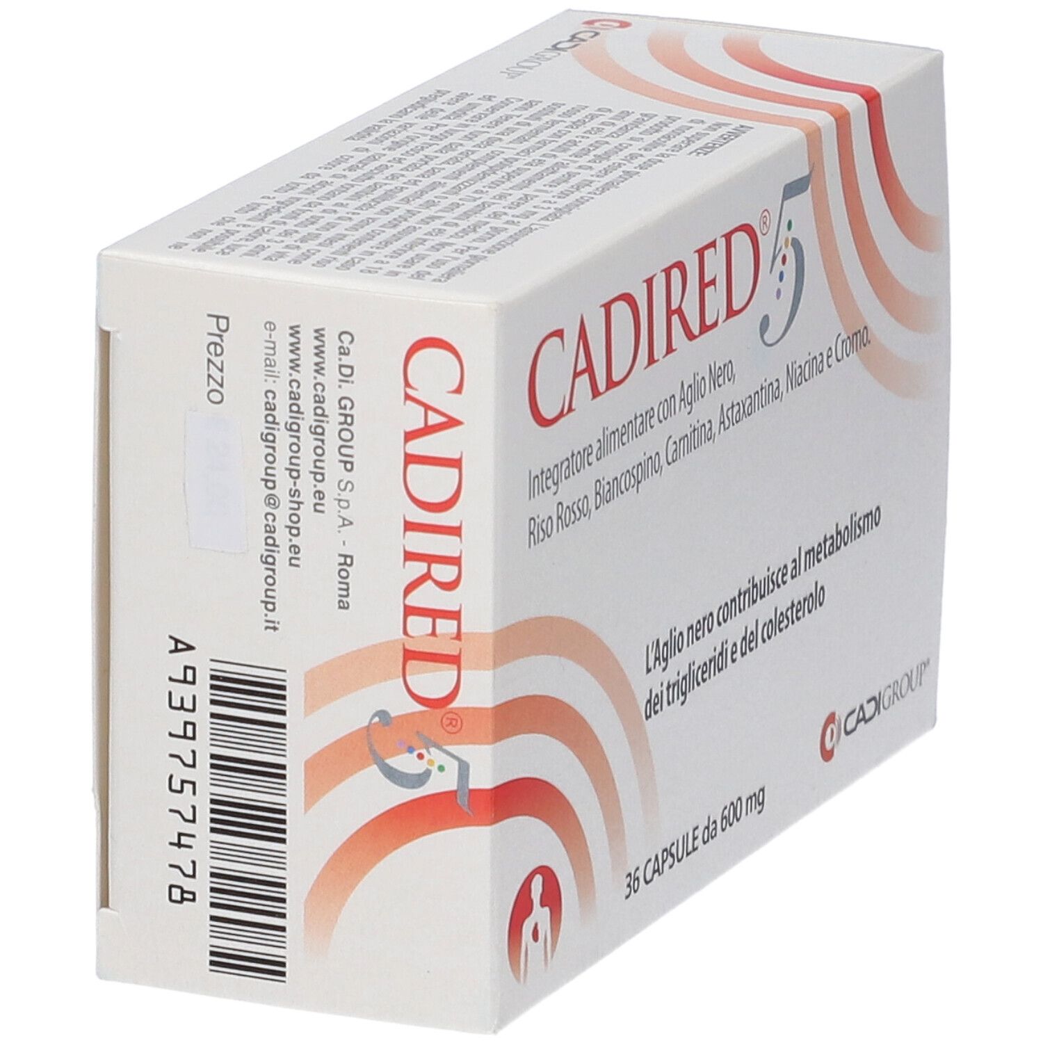 Scatola CADIRED® 5, bianca con testo rosso. 36 capsule. Testo italiano. CADIRED® 5, integratore alimentare.