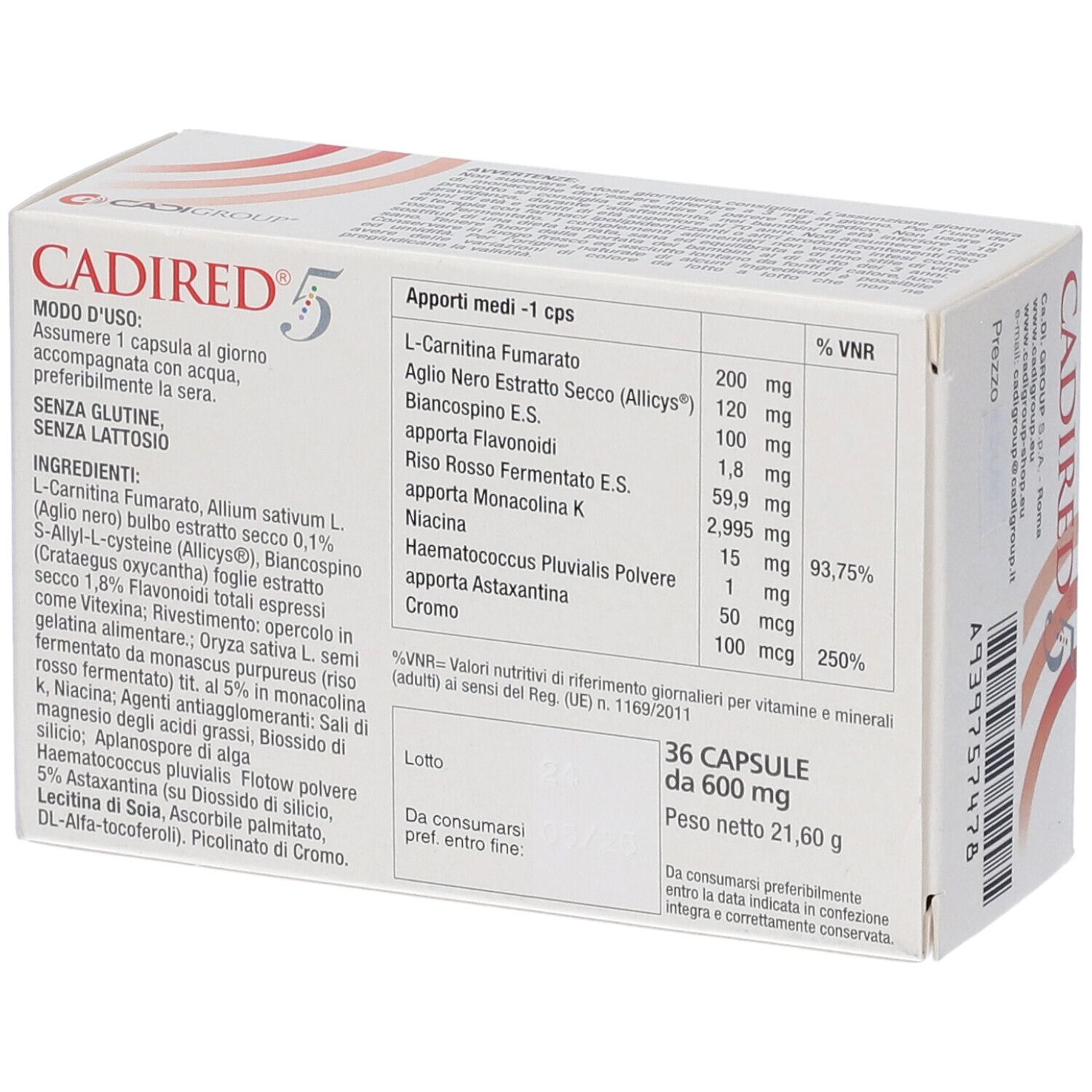 Scatola bianca CADIRED® 5 con informazioni nutrizionali. 36 capsule. Testo italiano. Ingredienti.