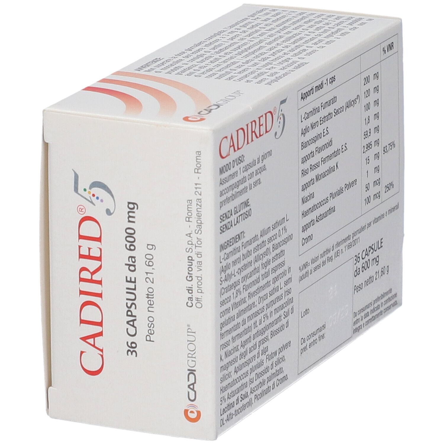 Confezione di CADIRED® 5 angolata. Contiene informazioni sugli ingredienti e l'uso. 36 capsule.