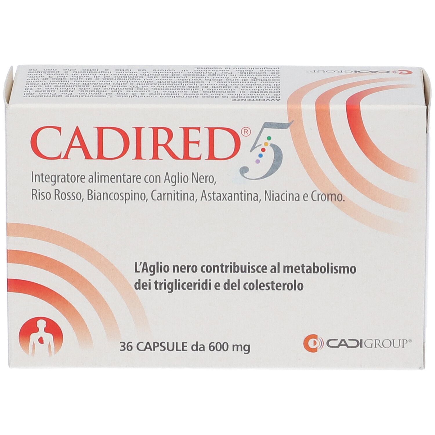 Scatola bianca CADIRED® 5 con testo rosso. 36 capsule. Testo italiano. Contiene aglio nero.