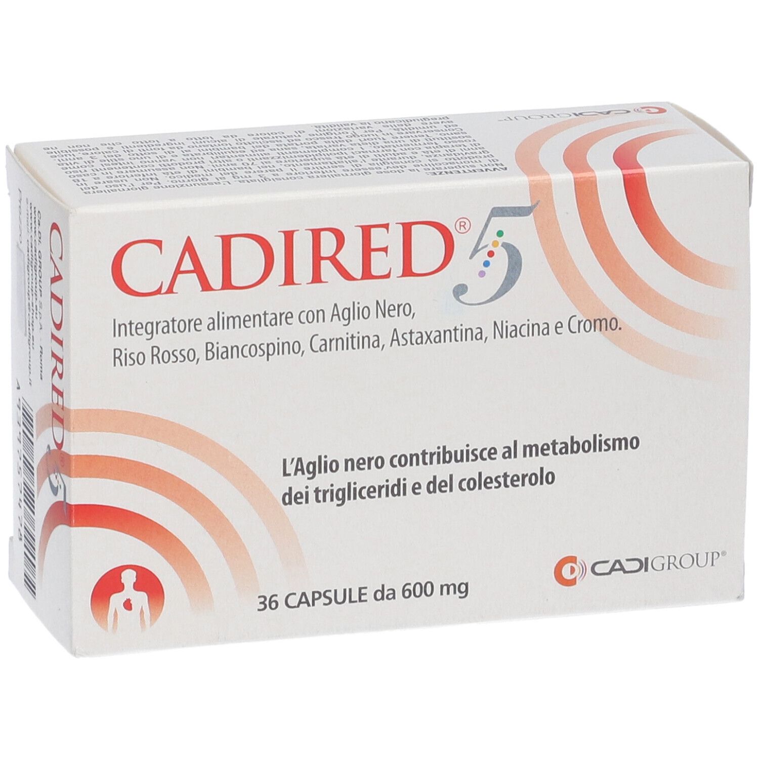 Scatola bianca CADIRED® 5 con testo rosso. 36 capsule. Testo italiano. Contiene aglio nero.
