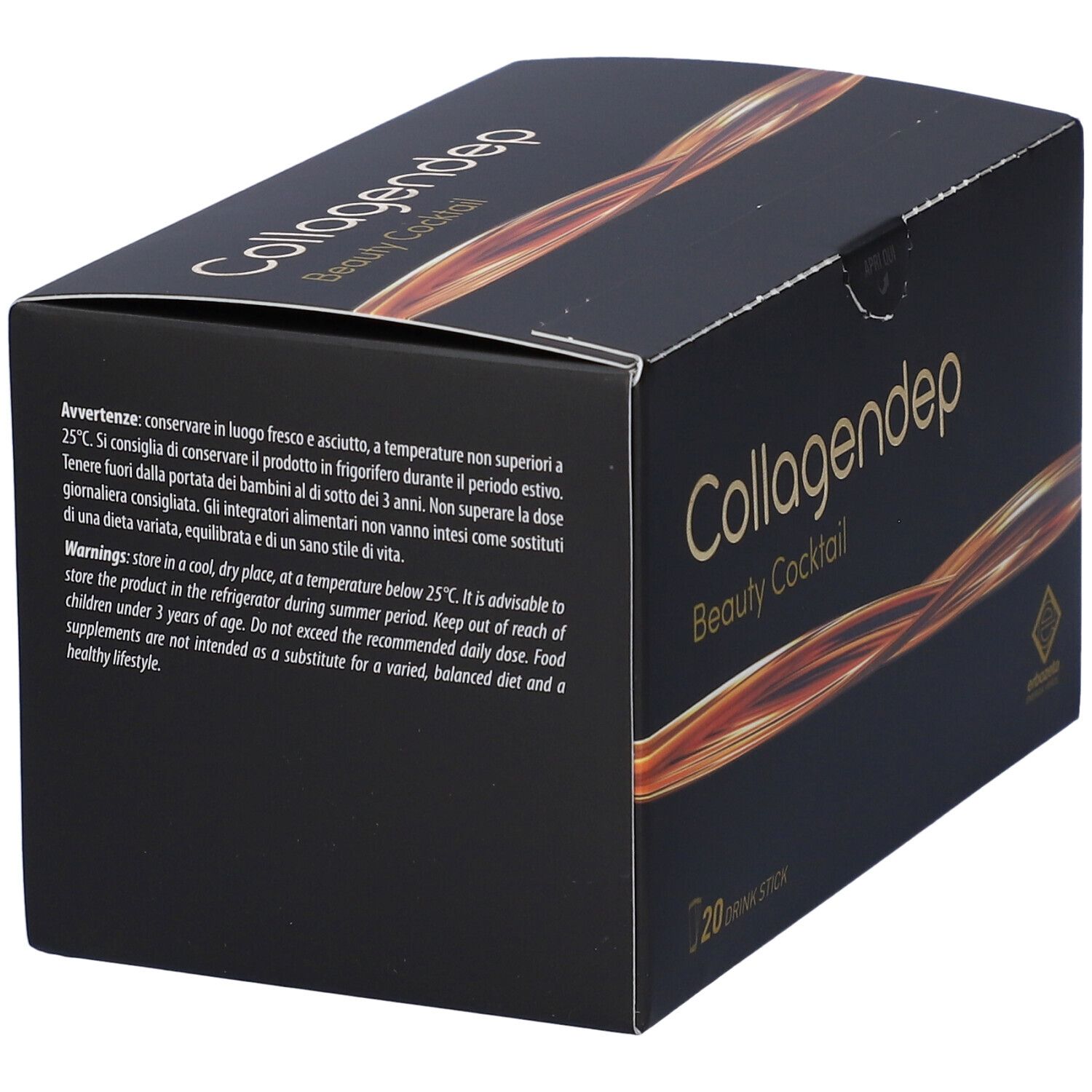 Scatola nera "Collagendep Beauty Cocktail". 20 stick. Testo e logo dorati. Vista angolata.