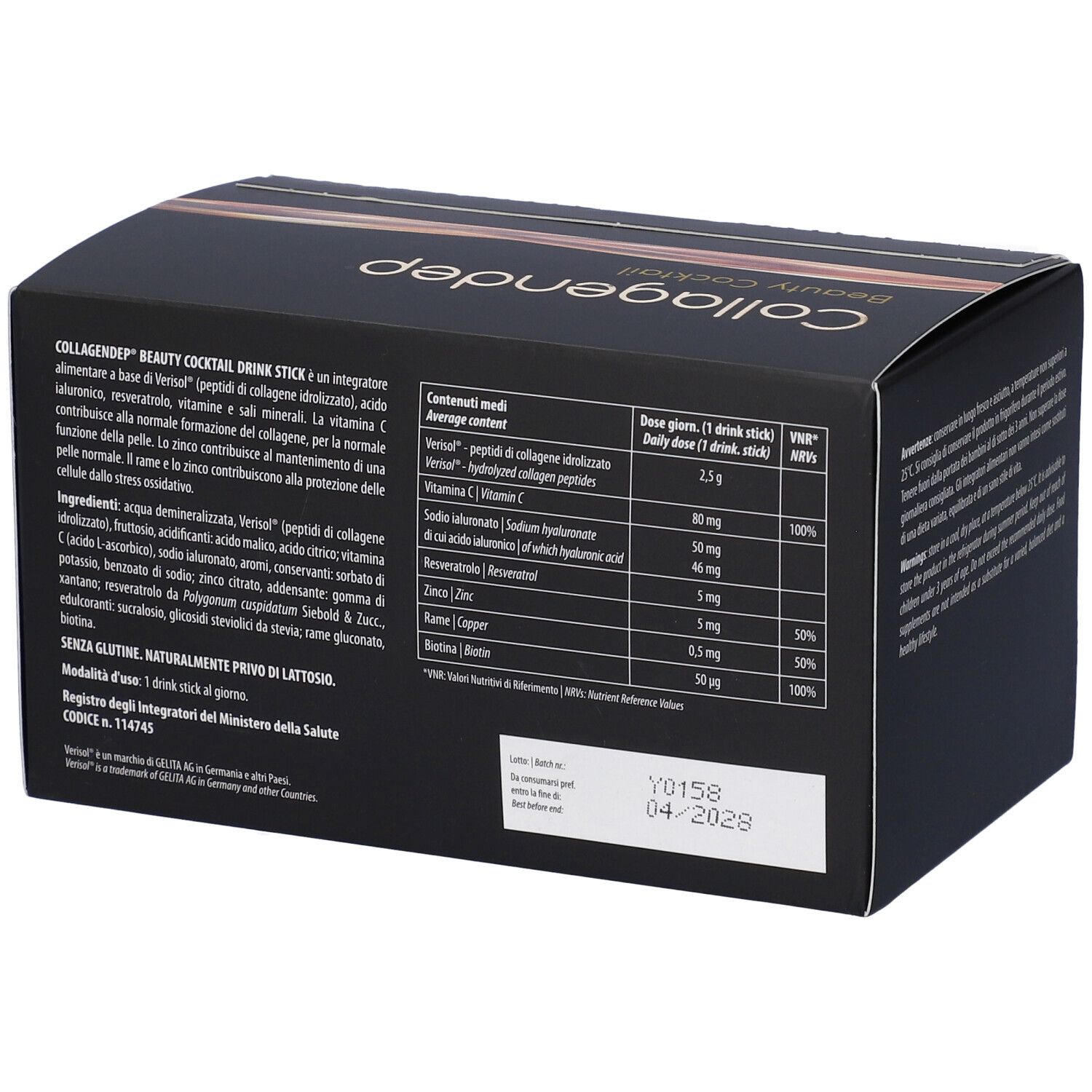 Retro scatola "Collagendep Beauty Cocktail". Ingredienti e informazioni nutrizionali. Testo nero.