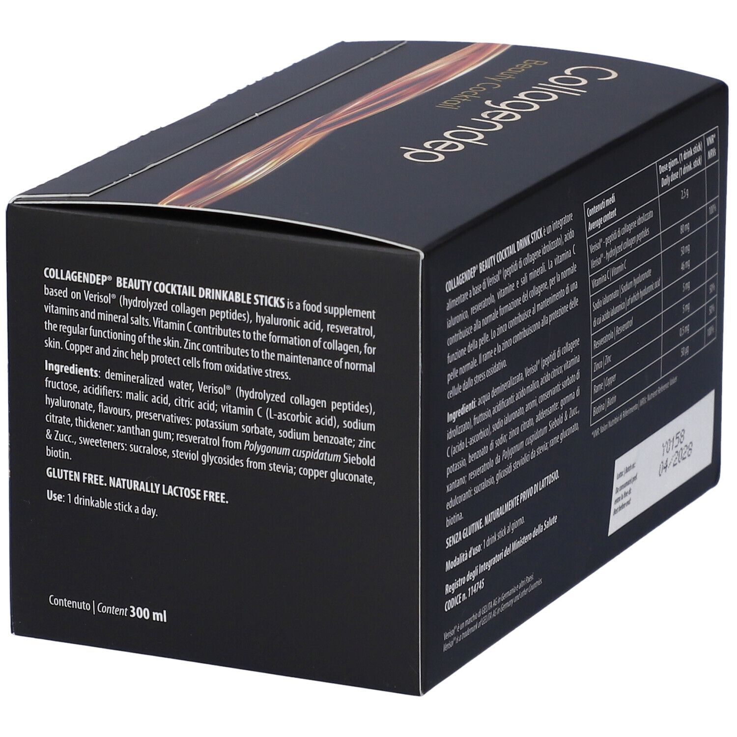 Retro scatola "Collagendep Beauty Cocktail". Ingredienti, istruzioni per l'uso. Testo nero.