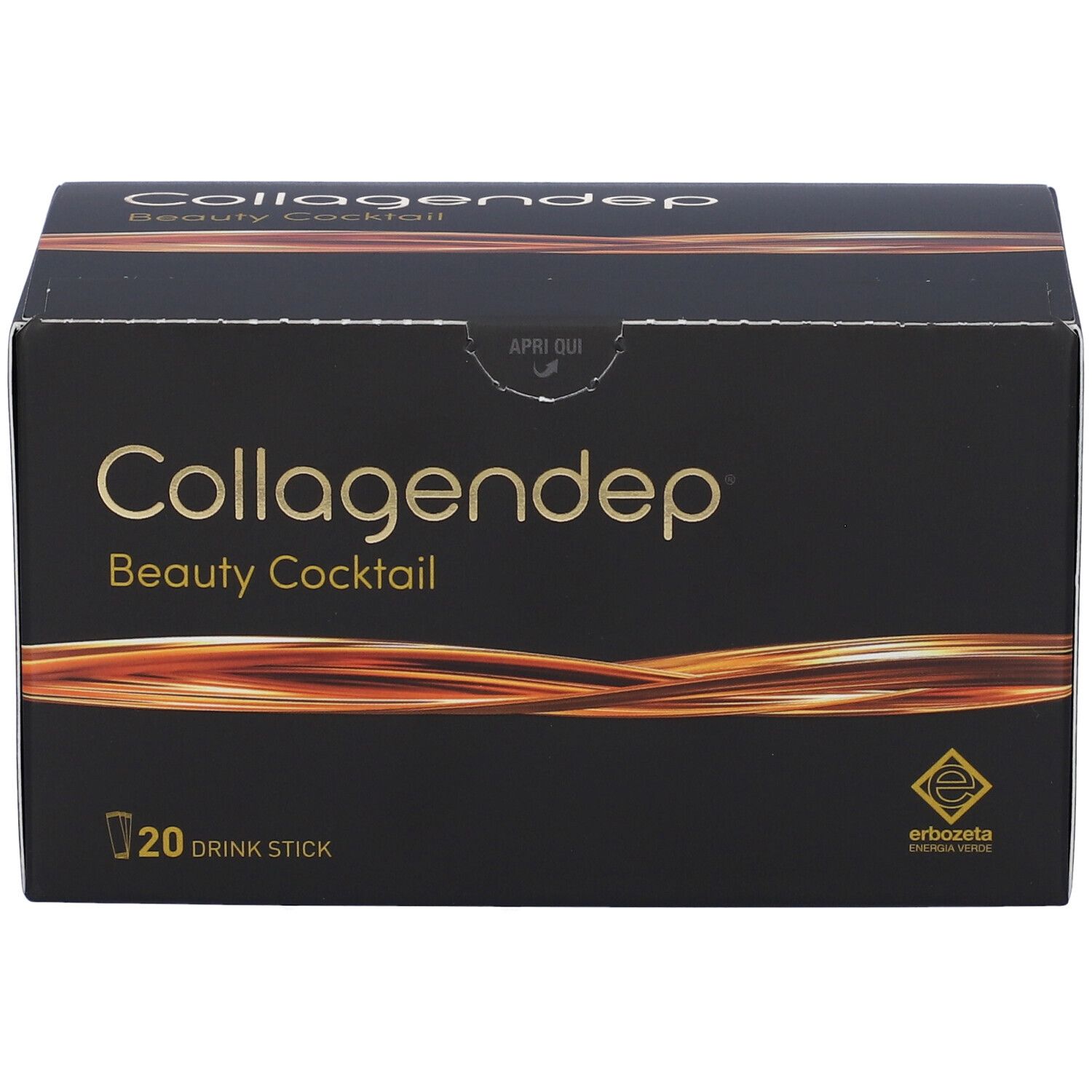 Scatola nera "Collagendep Beauty Cocktail". 20 stick. Testo e logo dorati. "Apri qui".