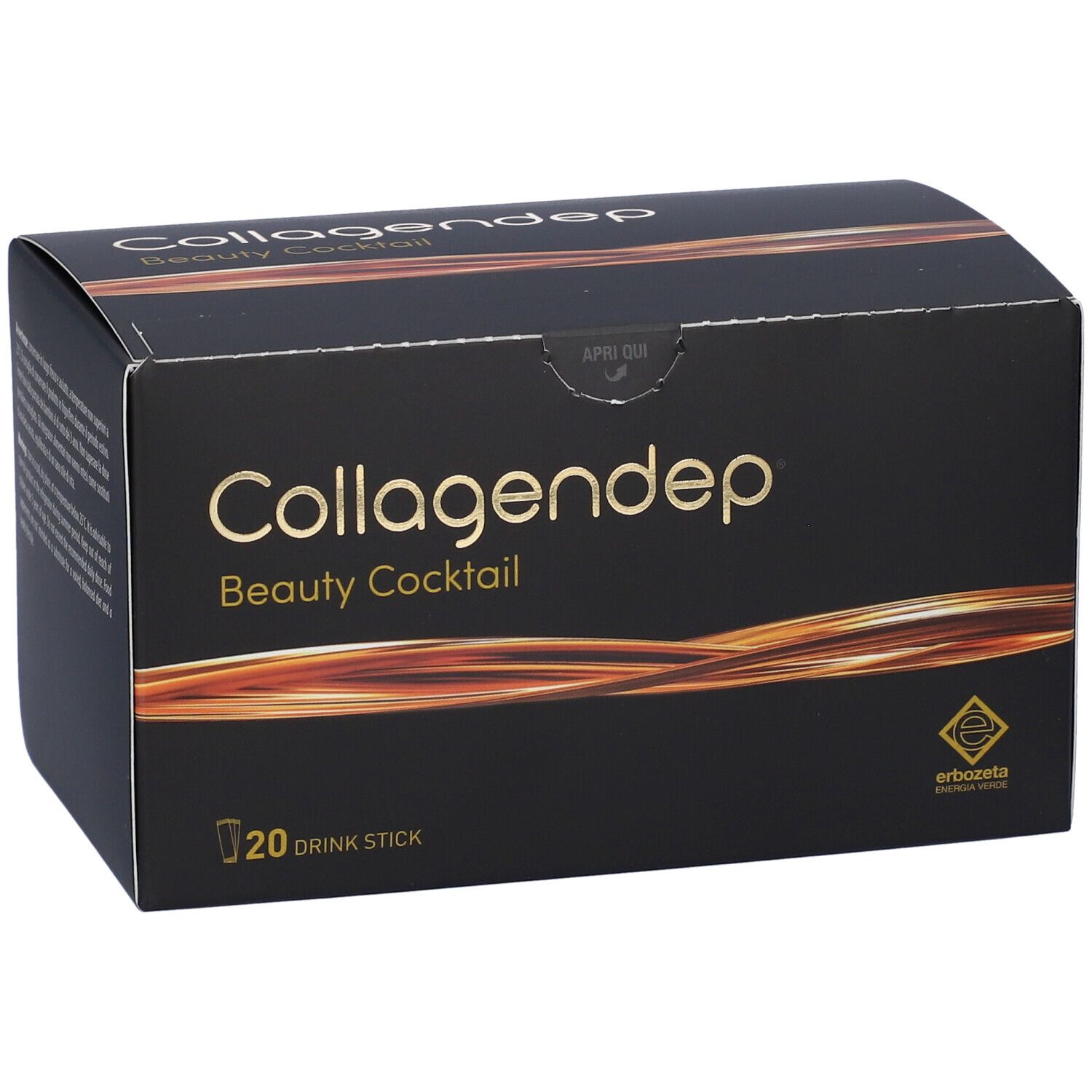 Scatola nera "Collagendep Beauty Cocktail". 20 stick. Testo e logo dorati. "Apri qui".