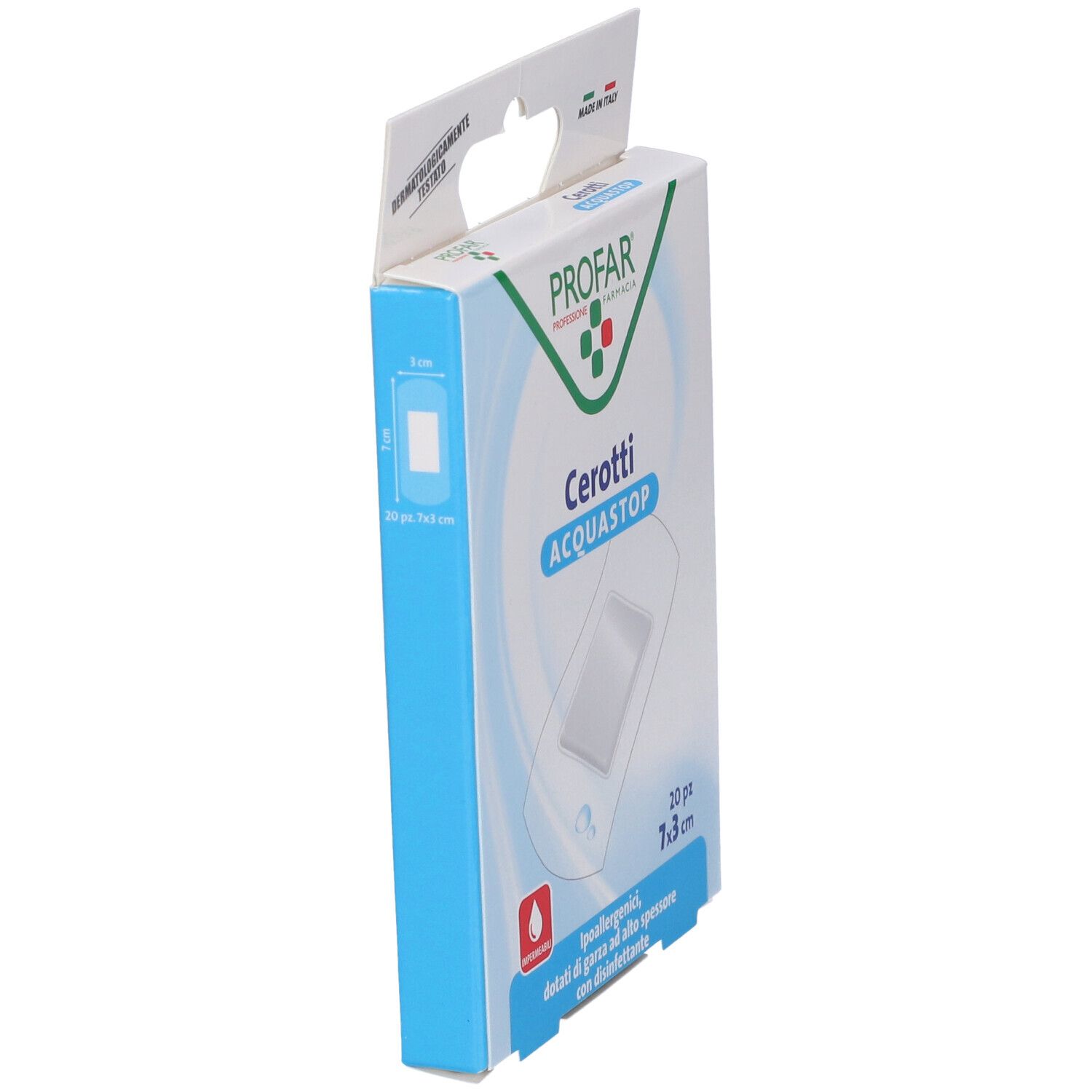 Vista laterale della confezione Profar Cerotti Acquastop Grandi. 20 pezzi, 7x3 cm. Impermeabile.