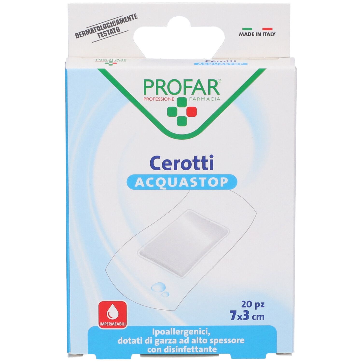 Confezione Profar Cerotti Acquastop Grandi. 20 pezzi, 7x3 cm. Testato dermatologicamente. Impermeabile.