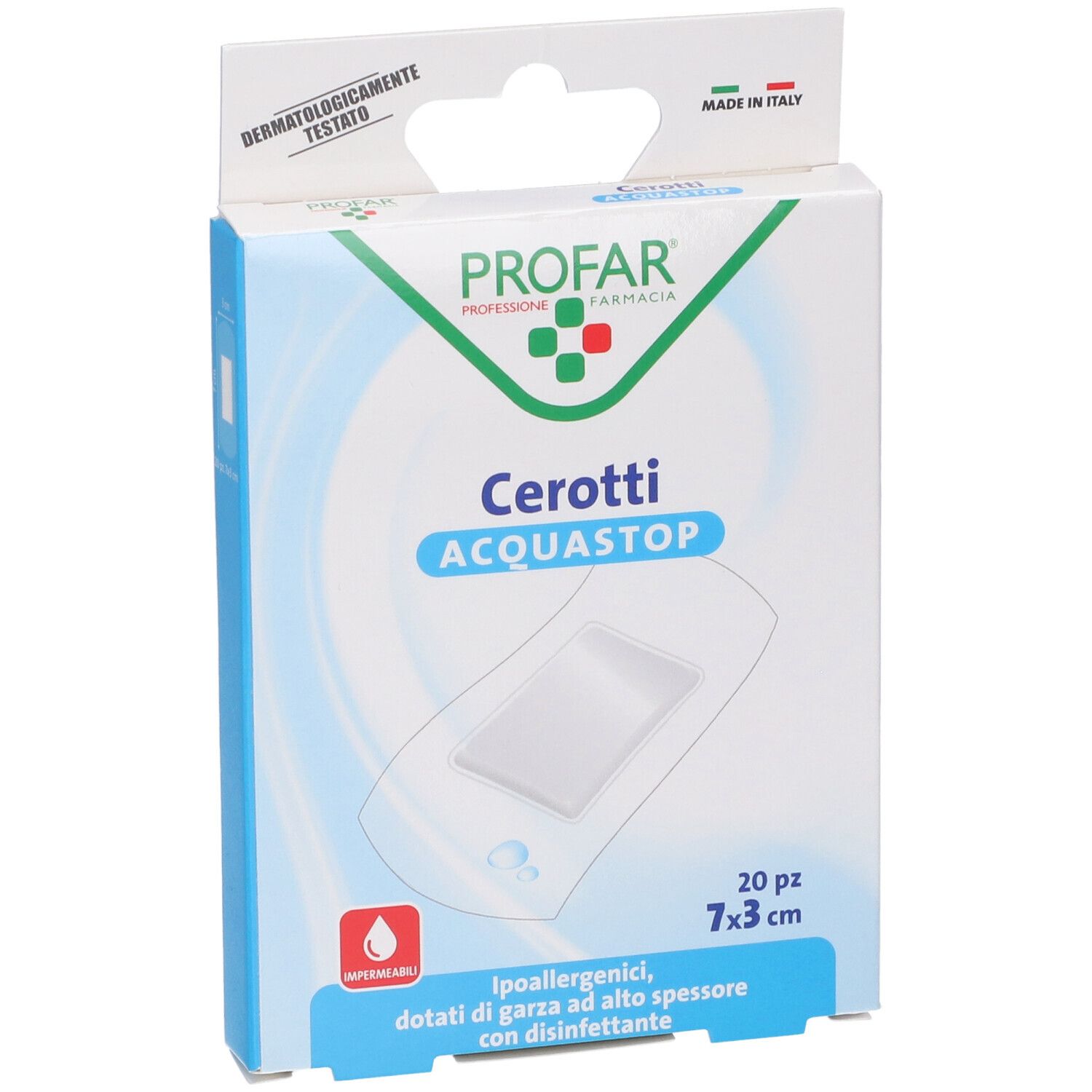 Confezione Profar Cerotti Acquastop Grandi. 20 pezzi, 7x3 cm. Testato dermatologicamente. Impermeabile.