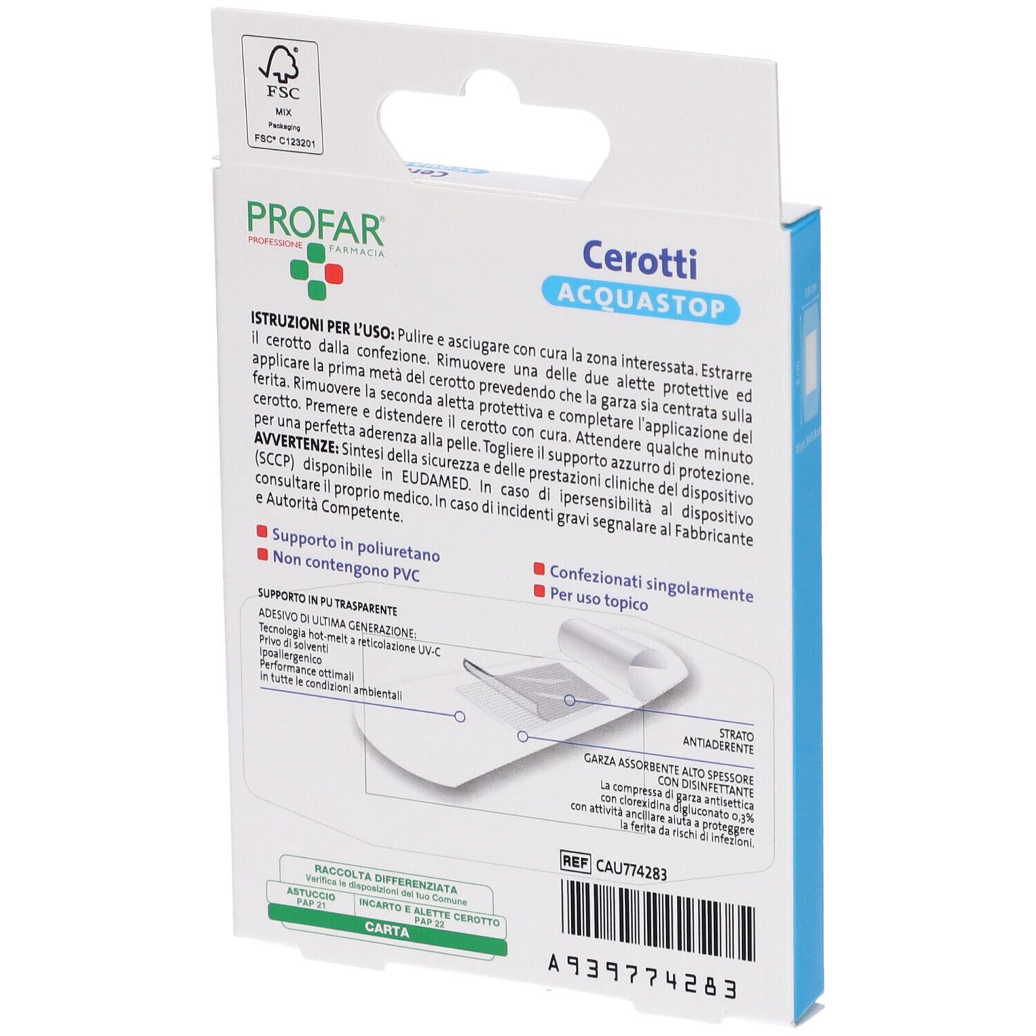 Retro della confezione di cerotti PROFAR Cerotti ACQUASTOP. Testo e illustrazioni. Certificazione FSC.