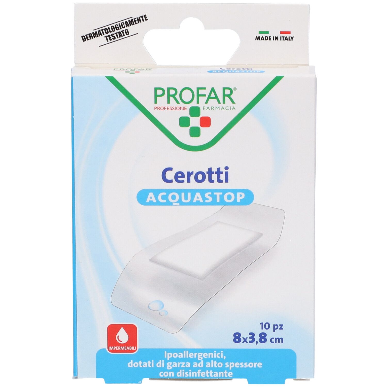 Confezione di cerotti PROFAR Cerotti ACQUASTOP. 10 pezzi, 8x3,8 cm. Testato dermatologicamente. Made in Italy.