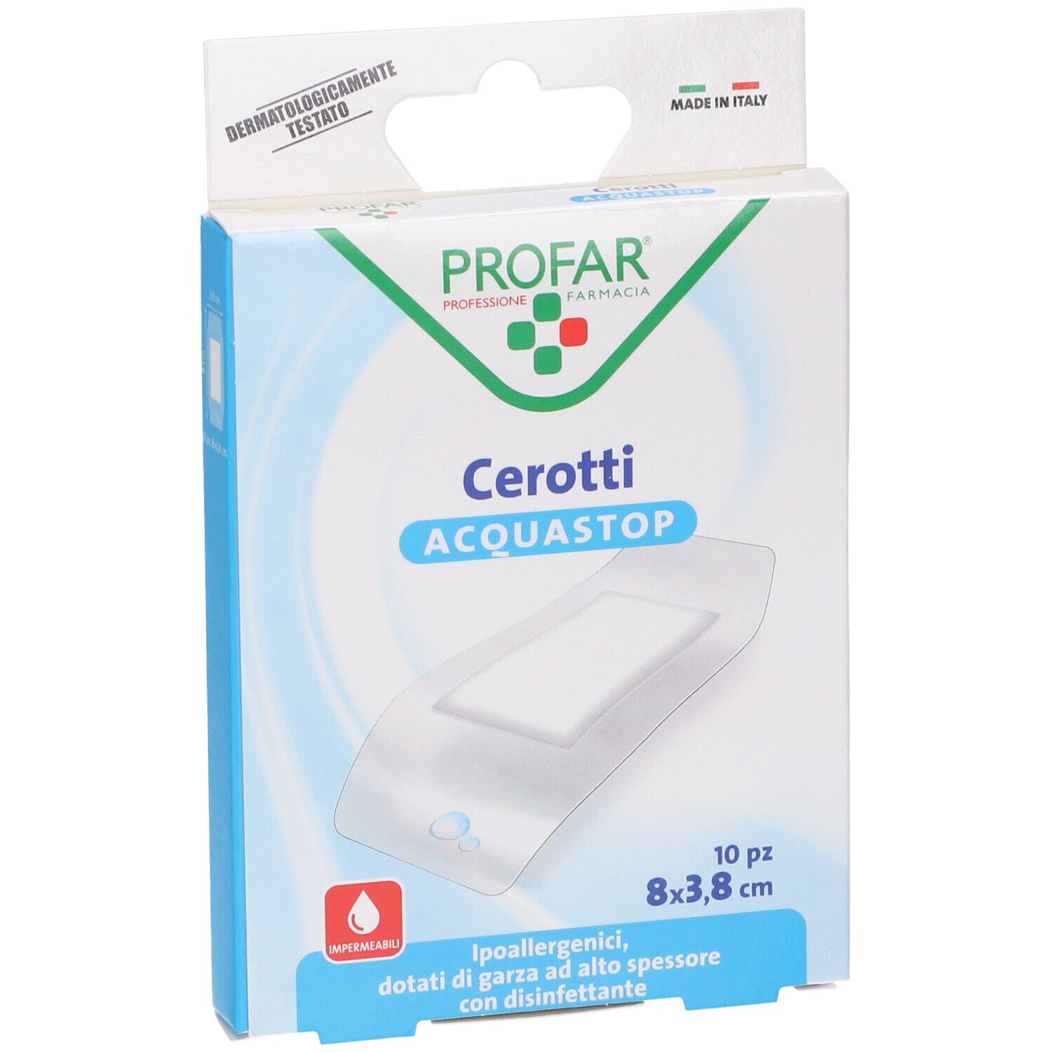 Confezione di cerotti PROFAR Cerotti ACQUASTOP. 10 pezzi, 8x3,8 cm. Testato dermatologicamente. Made in Italy.