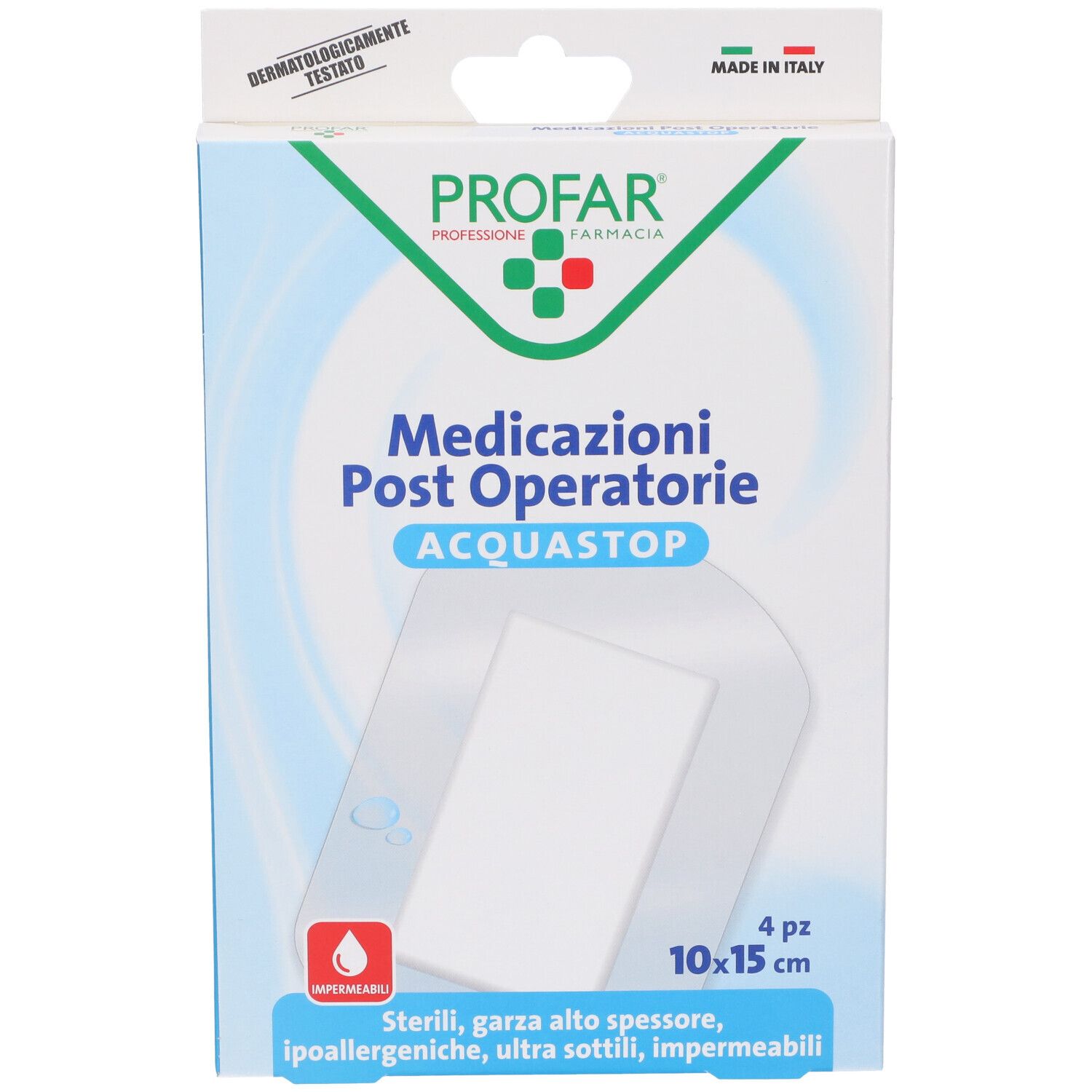 Vista frontale della confezione Profar Acquastop. Contiene 4 pezzi. Dimensione 10x15 cm. Testato dermatologicamente. Made in Italy.