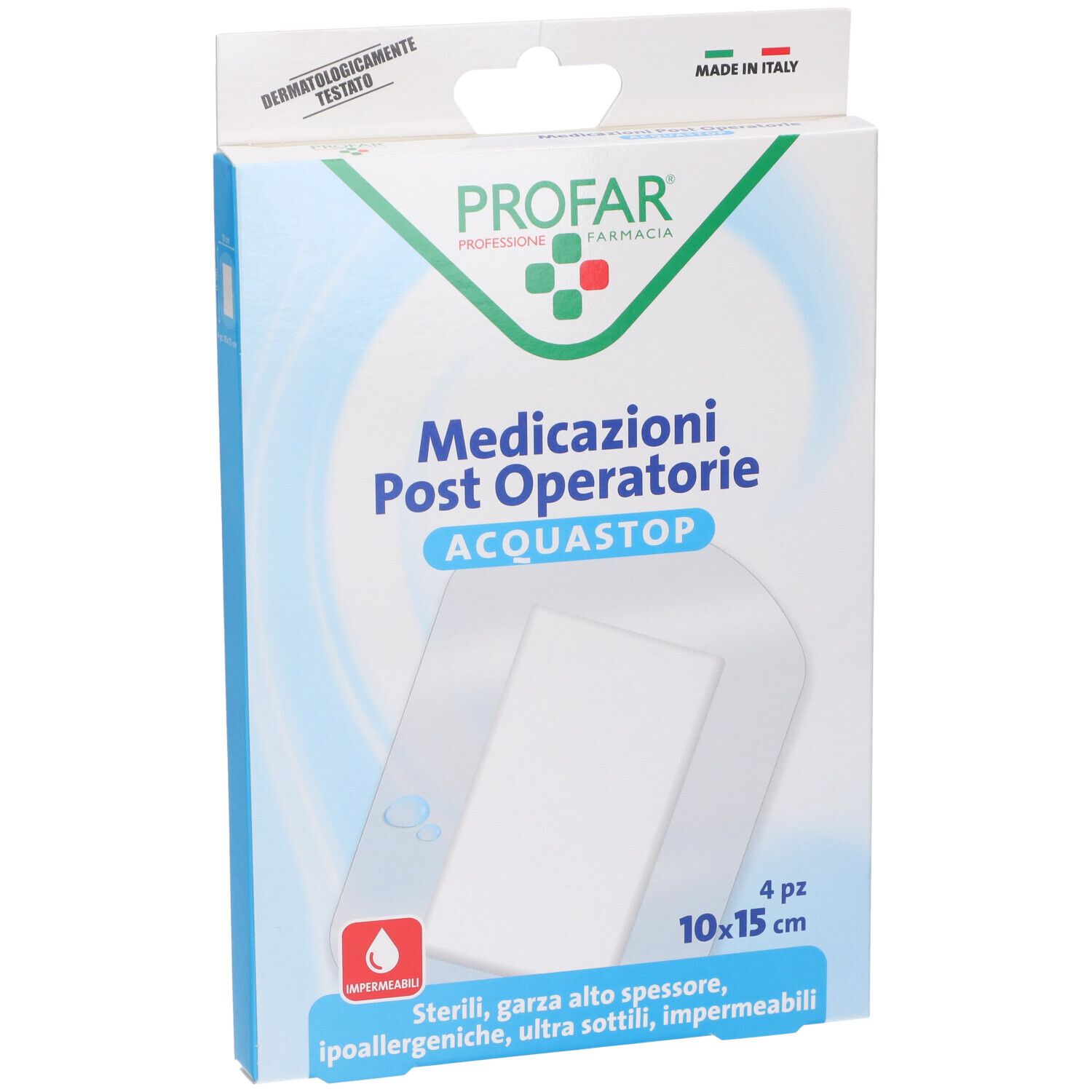 Vista frontale della confezione Profar Acquastop. Contiene 4 pezzi. Dimensione 10x15 cm. Testato dermatologicamente. Made in Italy.