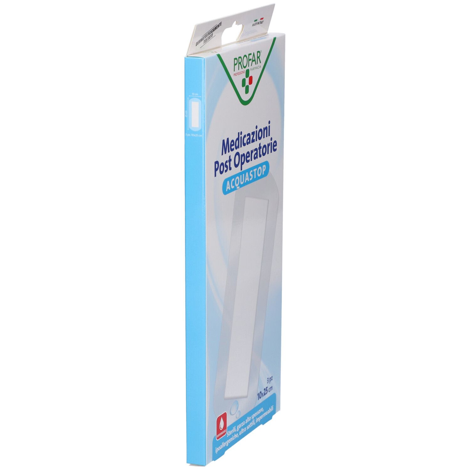 Vista laterale confezione Profar Acquastop. Mostra medicazioni 10x25 cm. Scritta: Medicazioni Post Operatore, Acquastop.